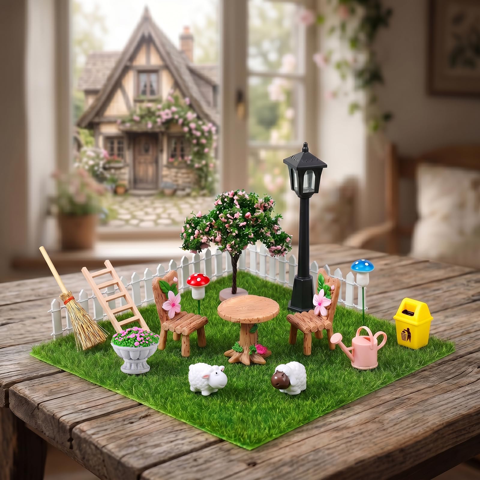 Miniatur Garten Zubehör Set â 15x15 Cm Kunstrasen, Zaun, Laterne, Möbel & Mehr â Holz, FĂŒr Puppenhaus &