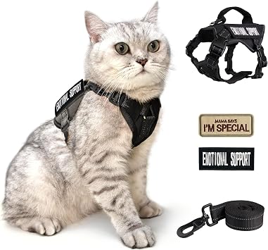 Tactical Cat Harness and Leash Black for Walking Esacpe Proof, Adjustable Soft Mesh Large Cat Vest with Handle Easy to Control,Molle Patches L