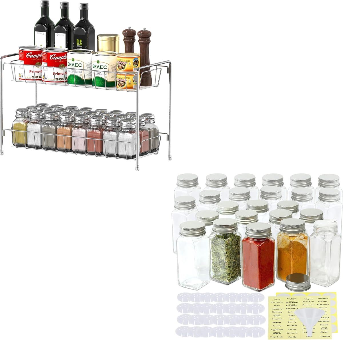 Estante para especias de 2 niveles Simple Houseware + botellas de especias de 4 oz