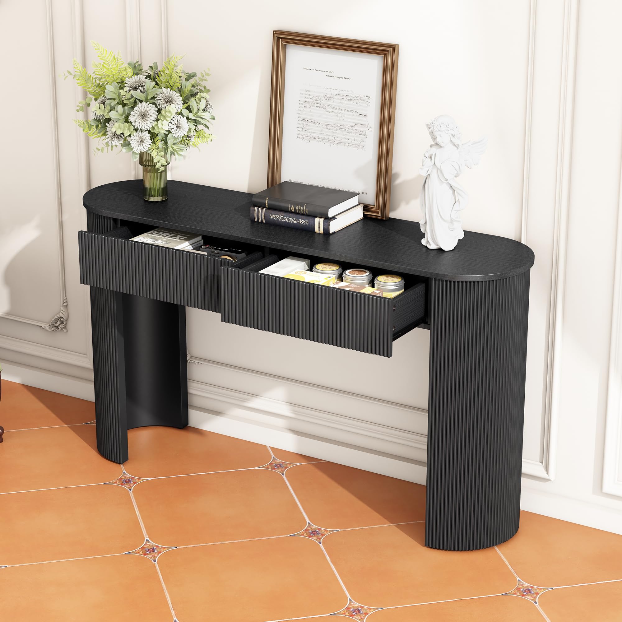Modern Oval Console Table with Storage Drawers for Living Room, Versatile 45" Entryway Table with Fluted Oval Sofa Table, Black
