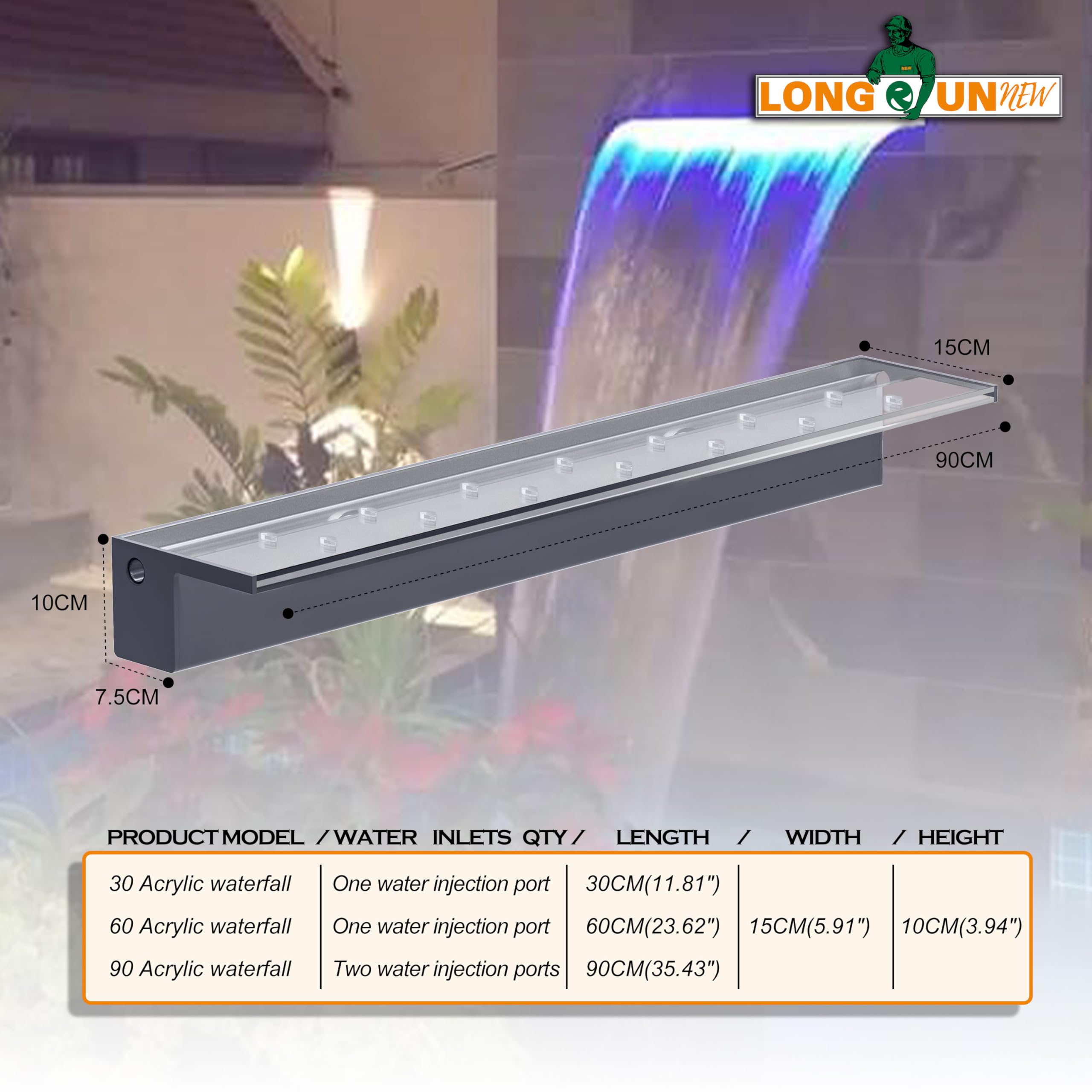 Juego de cuchillos de cascada para estanque, fuente de piscina de acrílico de 90 cm, con accesorios, ancho de 15 cm, juego de agua, cascada para jardín, patio, decoración de estanques