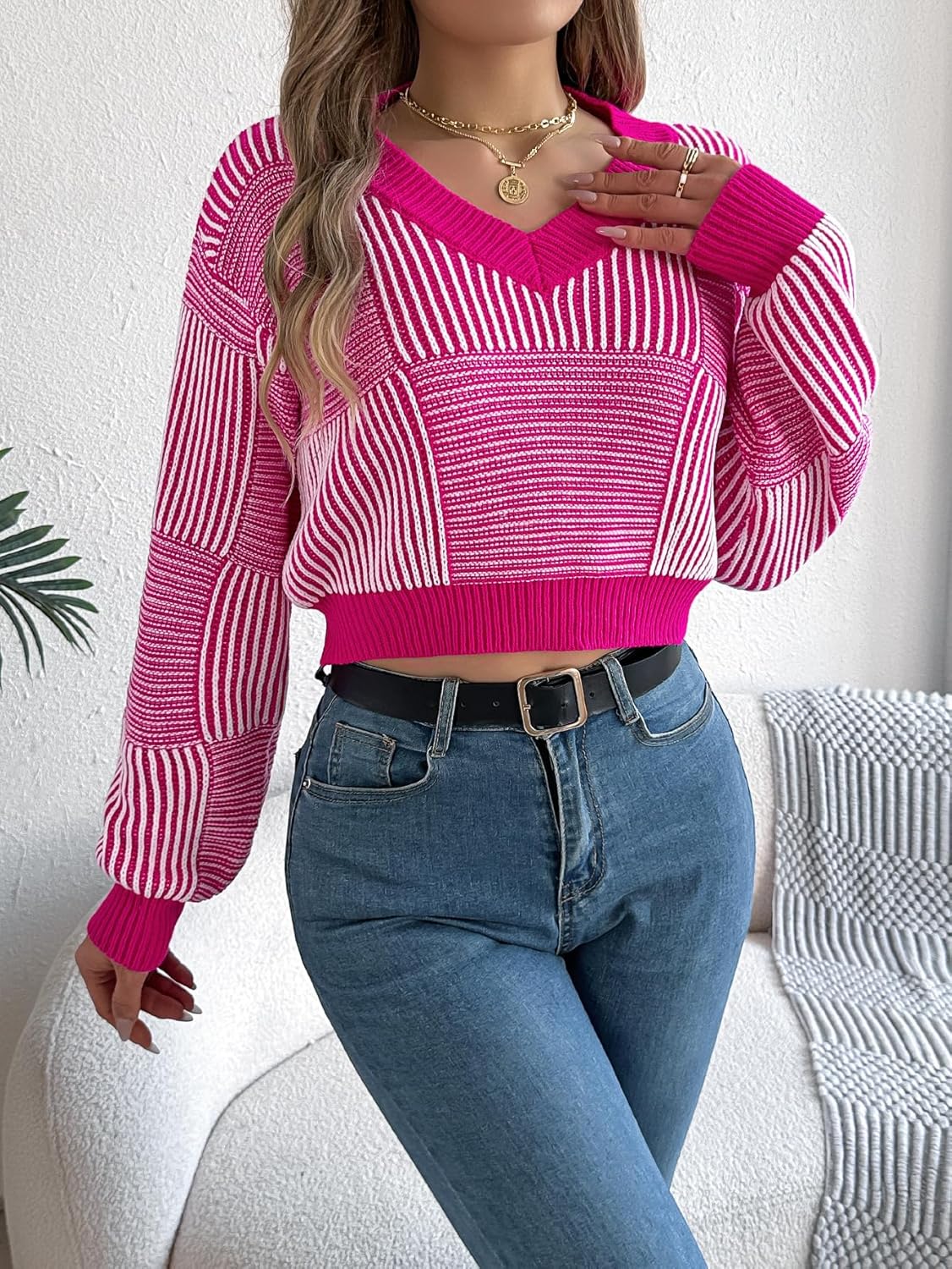 ZAFUL Women's Cropped Sweater Striped V-Neck Long Sleeve Sweater Pullover Jumper Knit Top - Image 5