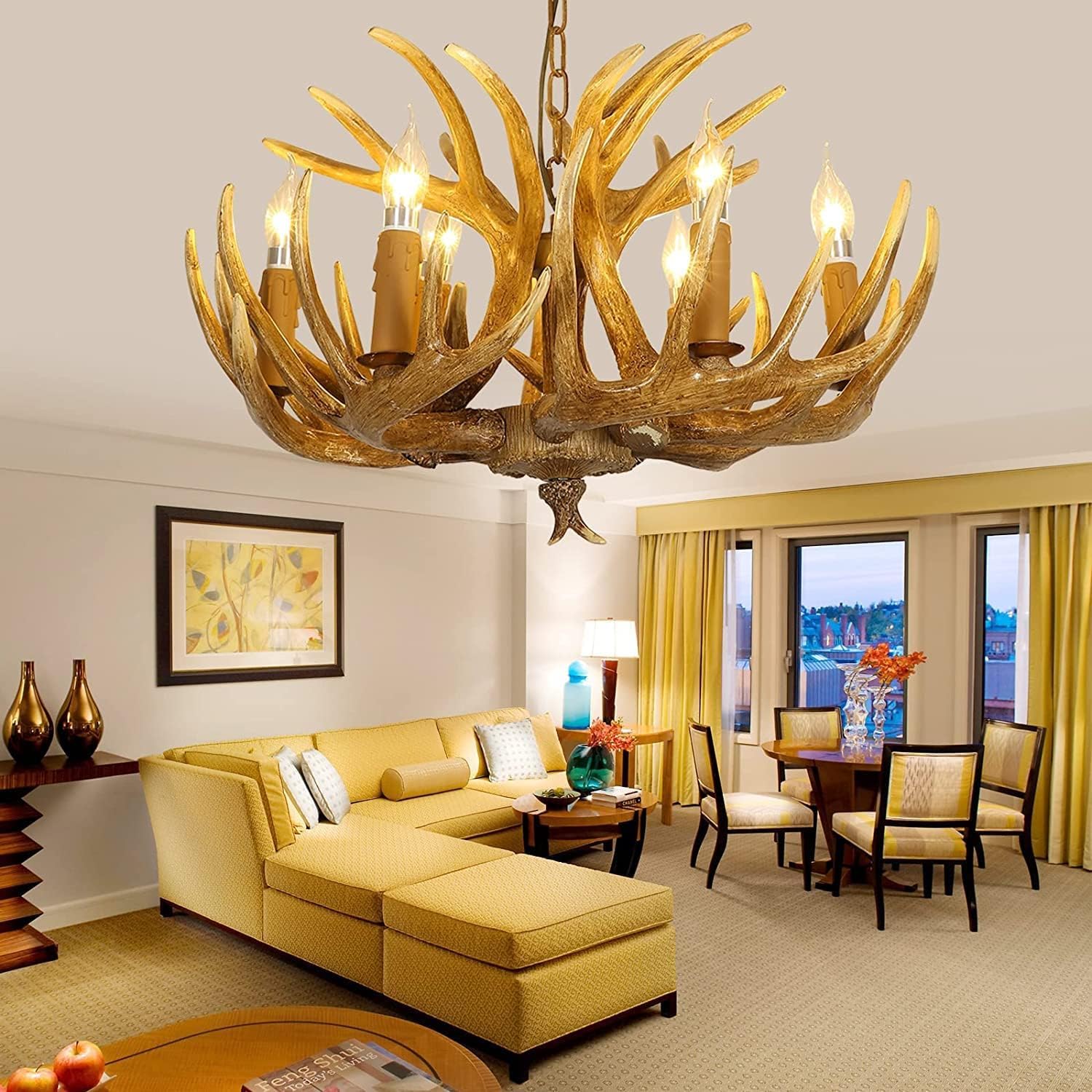 SXECAEPS Modern creative chandelier Antler 6-Light Faux, Large Deer Rustic Ceiling Light for Dining Room, Living Bar & Cafe