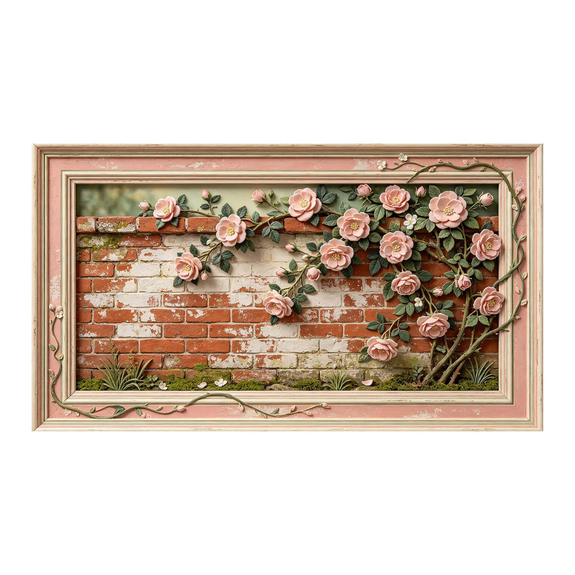Murasolite 3D Framed Wall Art Vintage Brick Wall Floral Roses Botanical SelfAdhesive Fabric Mural Wall Decor， Peel and Stick No Damage to Wall， AntiFall Safe Design for Bedroom Living Room