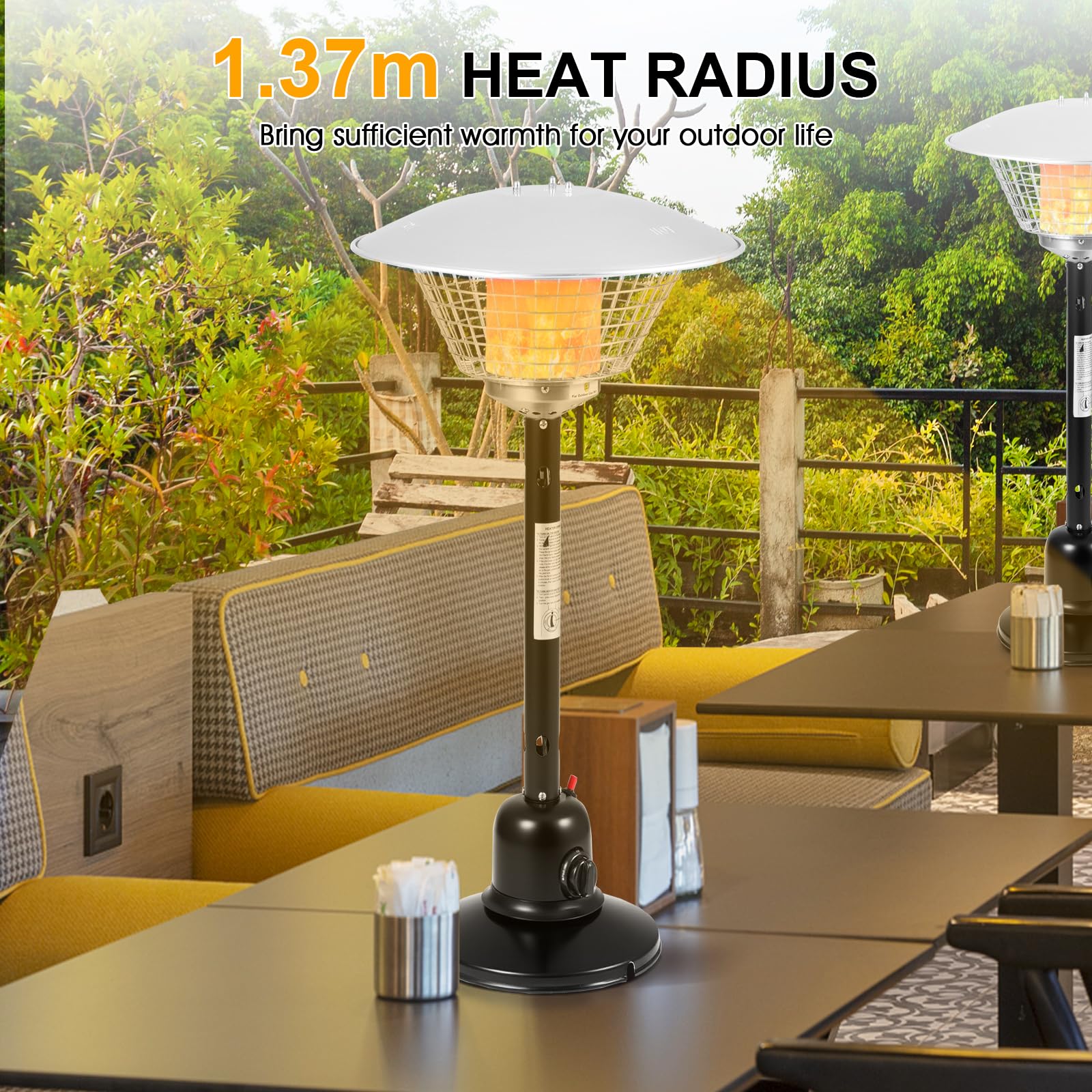 SOARS Fungo Riscaldante per Esterno a Gas 4000 W, Riscaldatore Portatile da Tavolo, con Raggio Termico di 1,37 M, Temperatura Regolabile, Tubo del Gas da 2 M, per Terrazza, Giardino, Cortile (Nero)