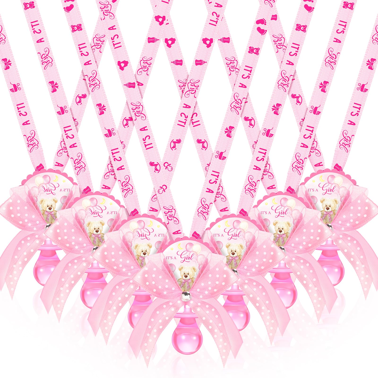 Hotop 36 Pcs Baby Shower Pacifier Necklace Cute Bear Acrylic Baby Party Favors Pacifier Charm Necklace for Girls Boys Shower Party Decoration Table Pieces(Pink,Girl)