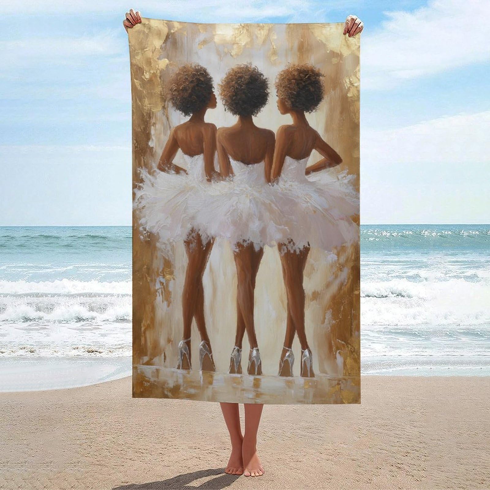asbwuo Three Young Black Woman White Tutus Beach Towel