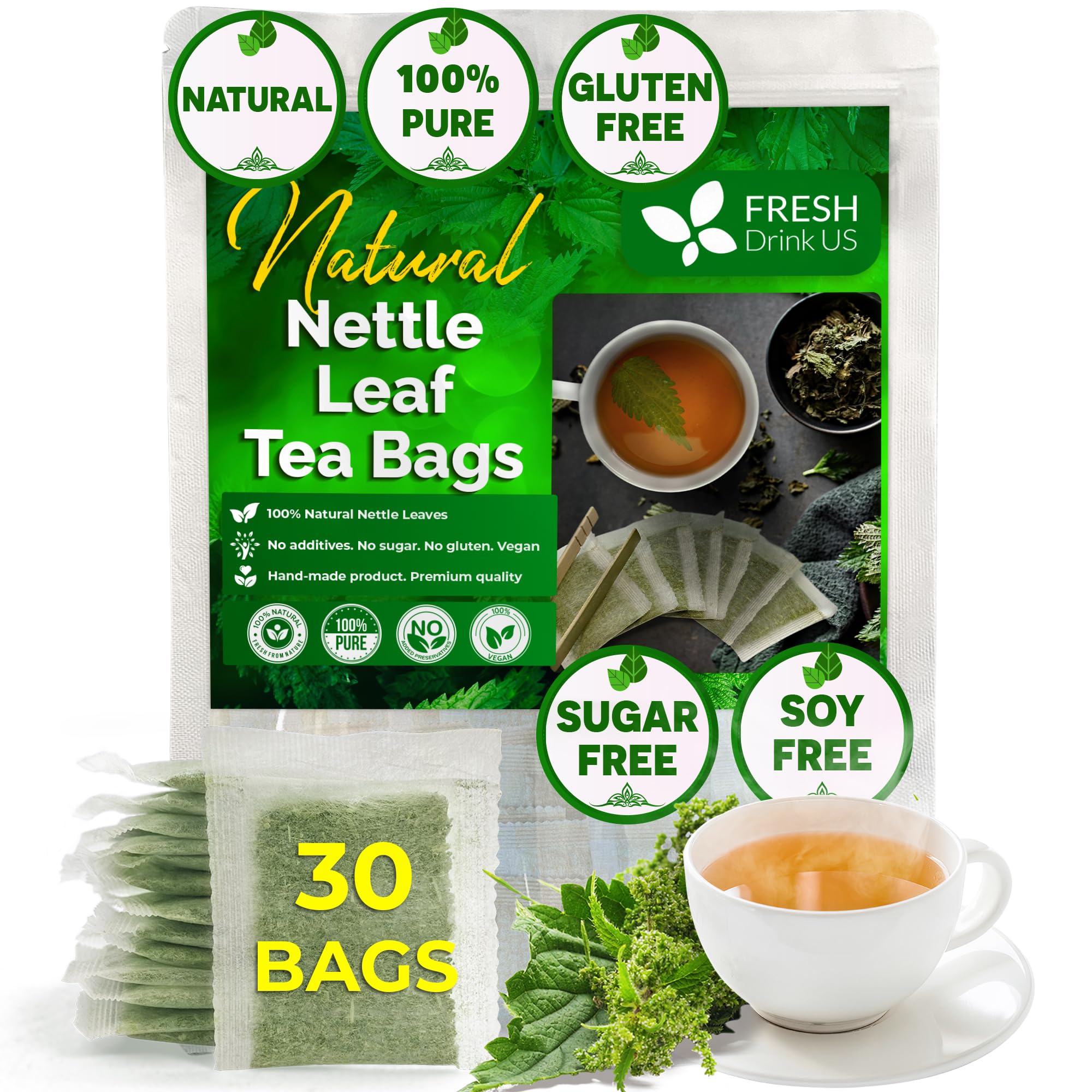 FreshDrinkUS, 30 Nettle Leaf Tea Bags, 100% Natural & Pure from Nettle Leaves. Loose Leaf Nettle Herbal Tea. Nettle Leaf Tea. No Sugar, No Caffeine, No Gluten, Vegan.