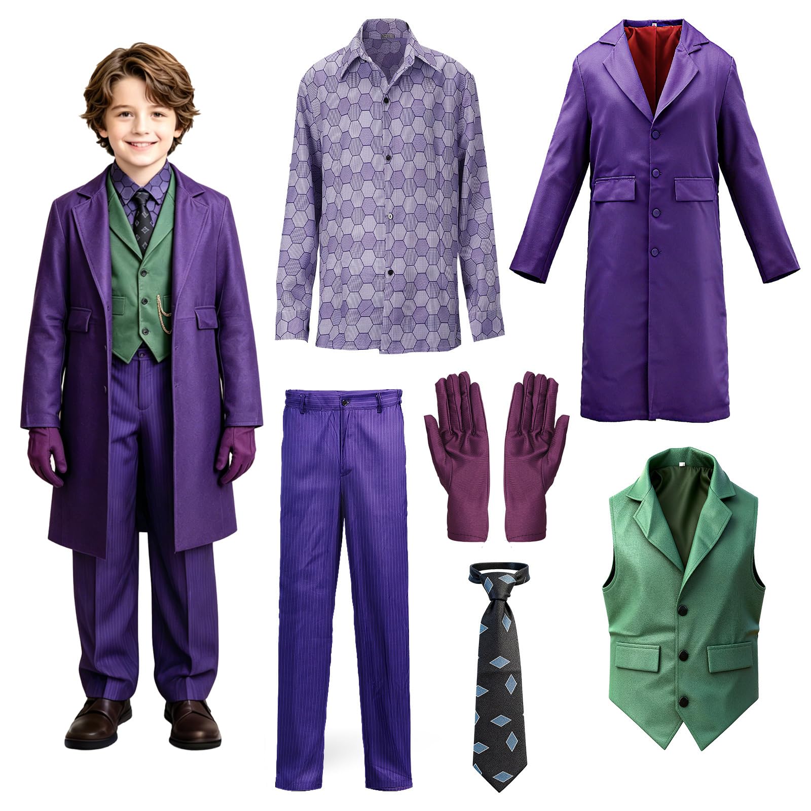 Dacnod Clown Costume for Kids 7Pcs Clown Cosplsy Outifits Purple Shirt Vest Tie Coat Pants Chain Gloves Halloween Party Cosplay Accessories