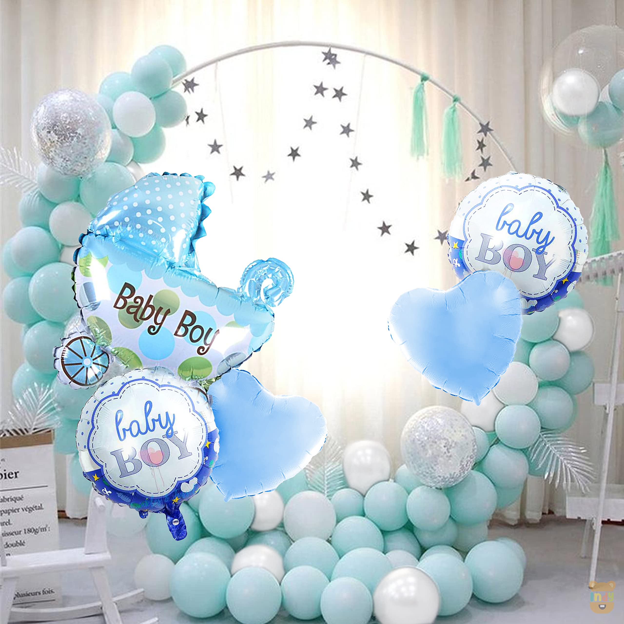 ITAF Set Of 35 Pcs - 15 White,Blue Pastel Balloons, 2 Blue Heart Balloons,2 Printed Baby Boy Round Foil Balloons,1 new born Baby Boy ballon For Kids Birthday Party Theme