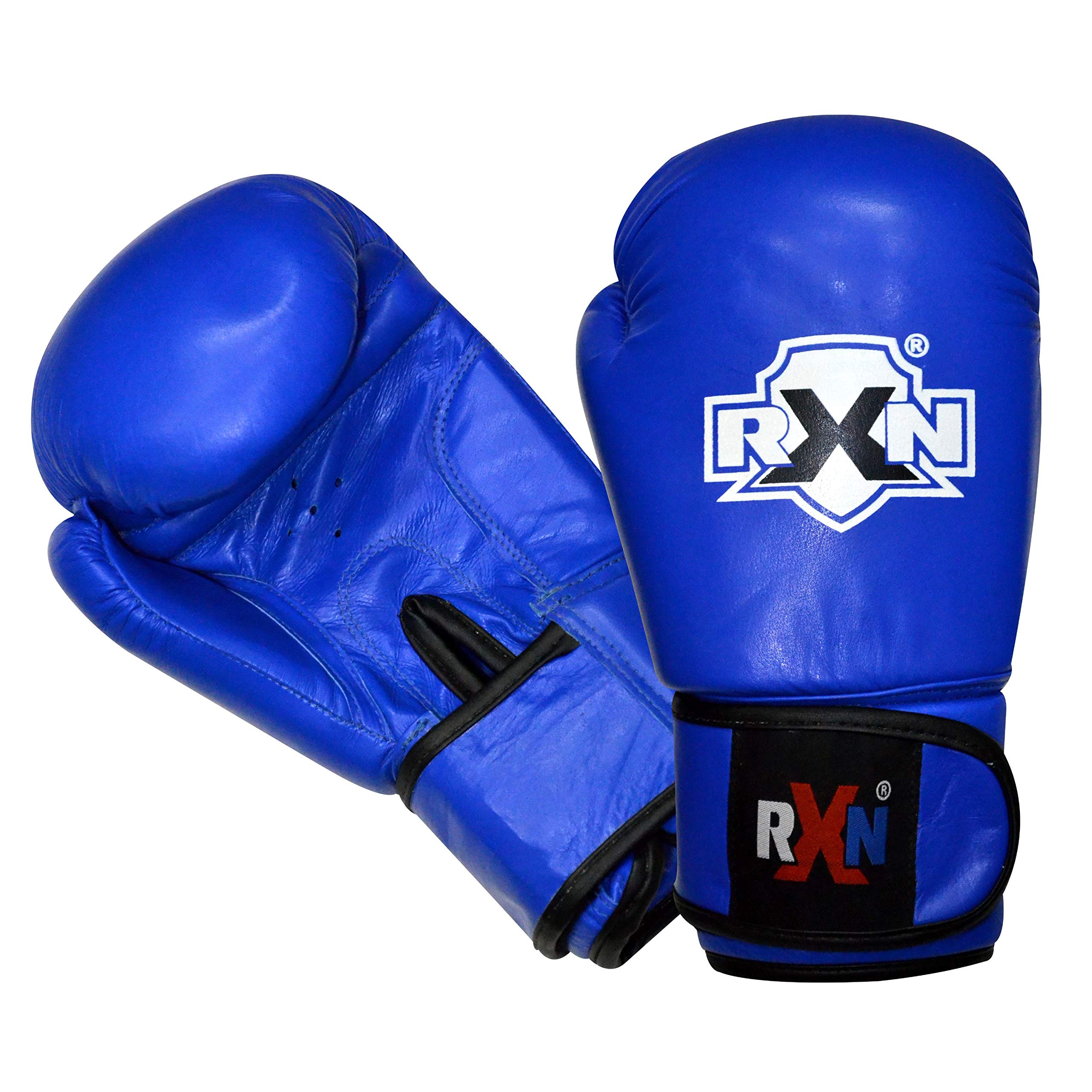 RXN Professional Amateur Competition Leather Boxing Gloves (Blue-8OZ)