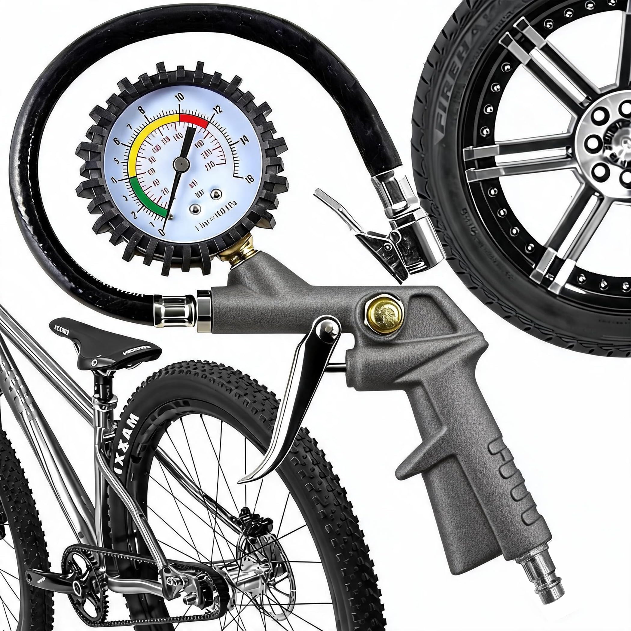 Retoo Medidor de Neumático Digital 220PSI Medidor de Presión Manómetro Pistola de Inflado y Compresor Rango de Medición de 0-12 Bar para Moto Bcicleta Coche Longitud de la Manguera 35 cm Plata