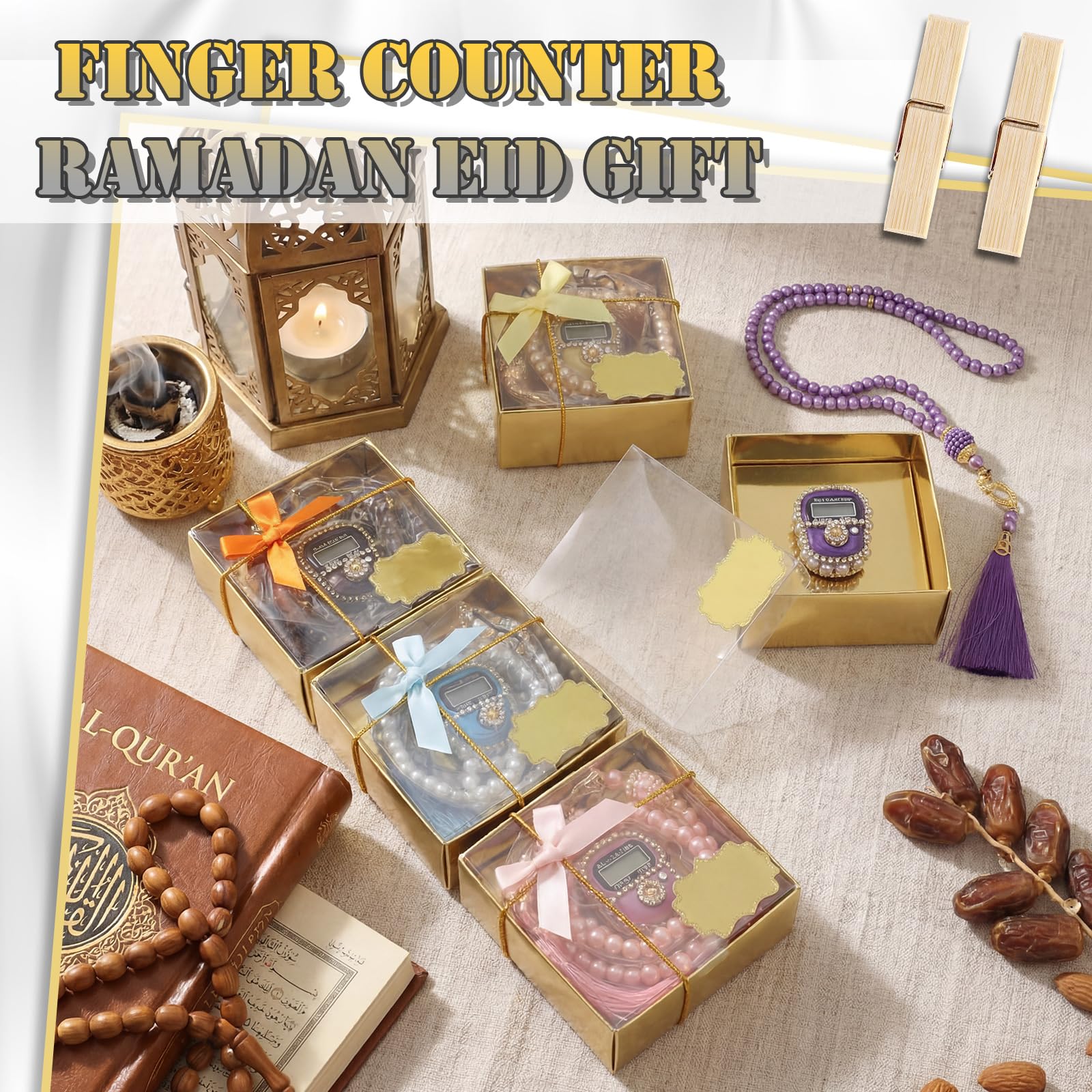 MTLEE 20 Sets muslimische Gebetsperlen für Hochzeiten mit digitalem Zähler | Tasbih Theke mit Goldboxen, Dankeskarten, Bändern, für Eid Ramadan Umrah Islamische Zeremonie, elegantes Paket