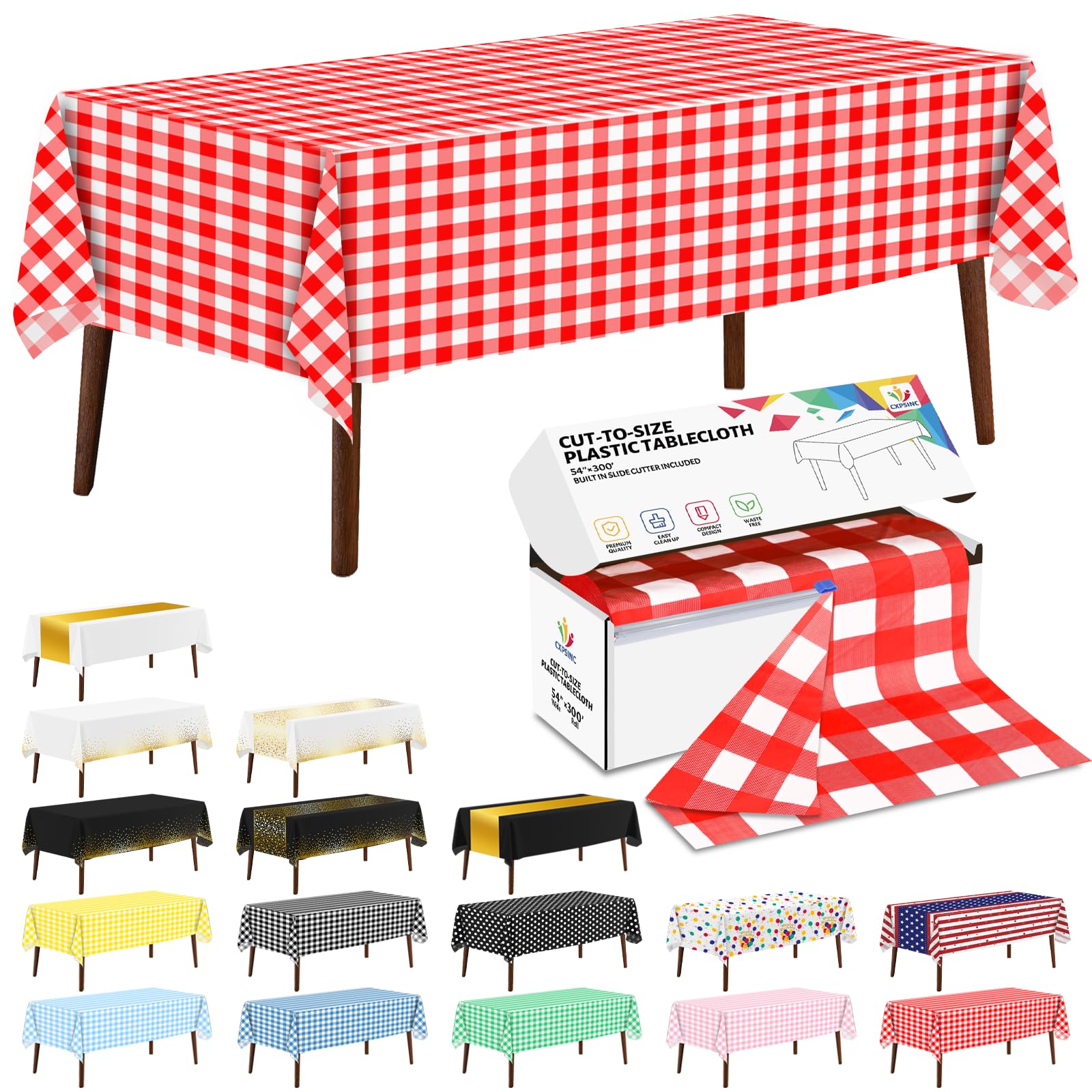 CXPSINC 54 Inch X 300 Feet Plastic Table Cover Roll Disposable Tablecloth with Slide Cutter for All Type/Shape Tables | Party, Banquet, Birthdays, Weddings(Red Checkered, 300 Feet)
