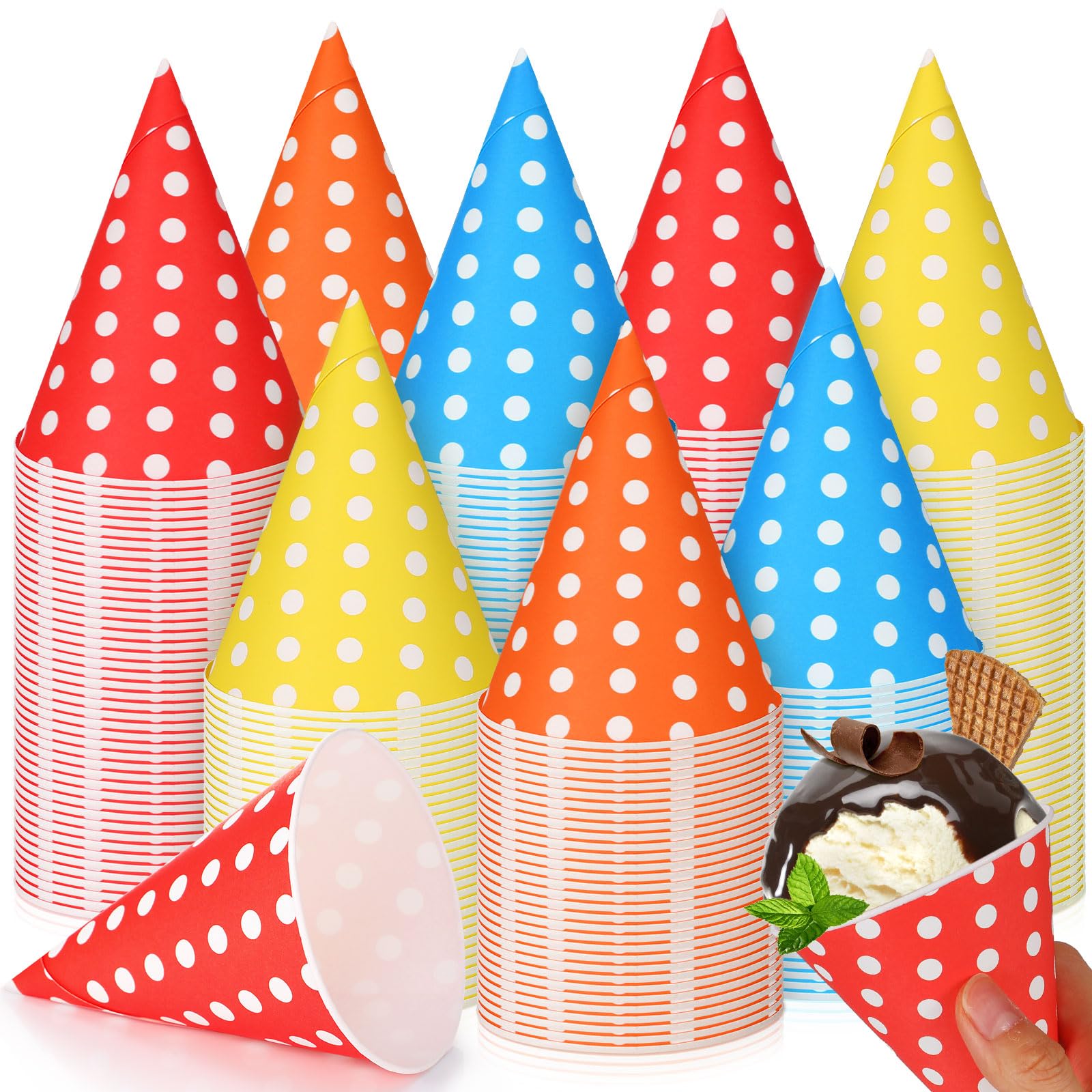 Eaasty 300 Pcs Snow Cone Cups 4.5 oz Disposable Paper Cone Cups Colored Polka Dot Leakproof Cone Cones Snow Cone for Slush Shaved Ice Cream Sorbet Water, Party Wedding (Bright Color)