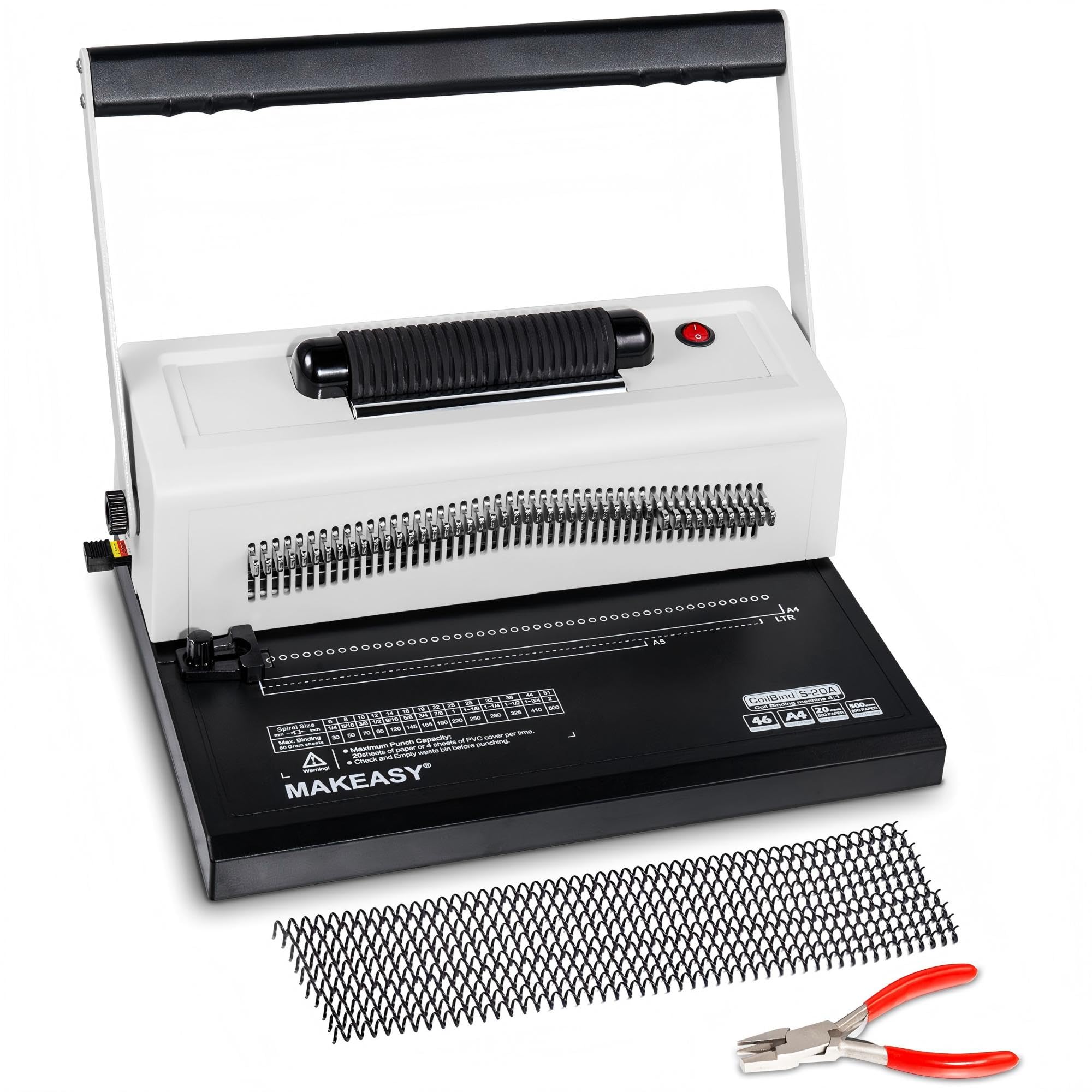 MAKEASY Spiral Coil Binding Machine with 46 Fully Disengaging Pins - Electric Coil Inserter - Adjustable Side Margin, Comes with Free 1 Box Coil Spines & Plier, 20 Sheet Punch Capacity