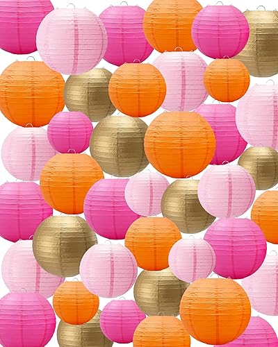 Miniatura 15 de Treela 48 linternas de papel para decoración de fiesta, decoración de papel redondo chino de 4/6/8/10 pulgadas, lámparas colgantes asiáticas