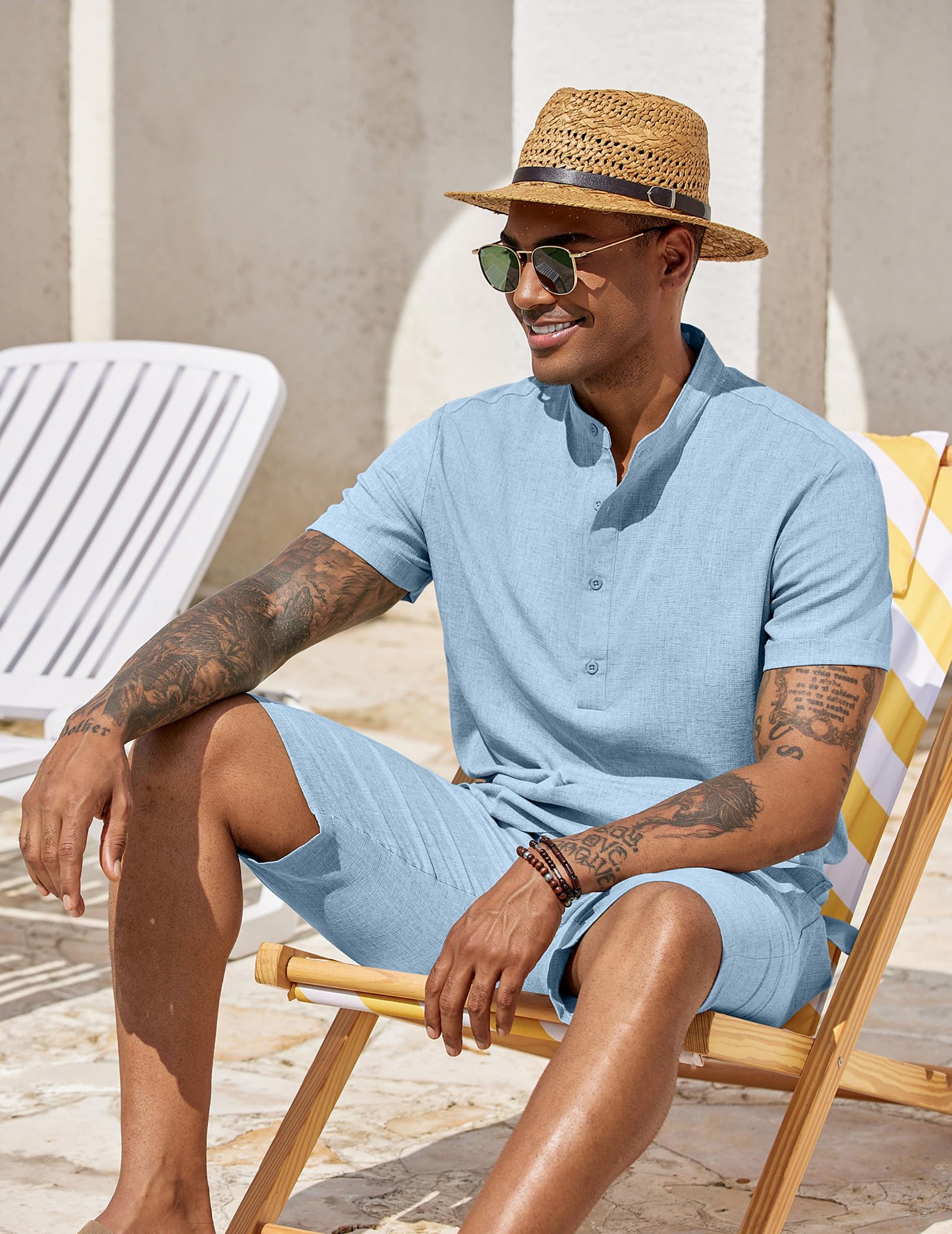 COOFANDY Ensemble 2 pièces pour homme - Chemises et shorts Henley à manches courtes - Texture - Pour l'été, la plage, les vacances | Fermeture à boutons, plage, été, léger, respirant, cordon de serrage réglable