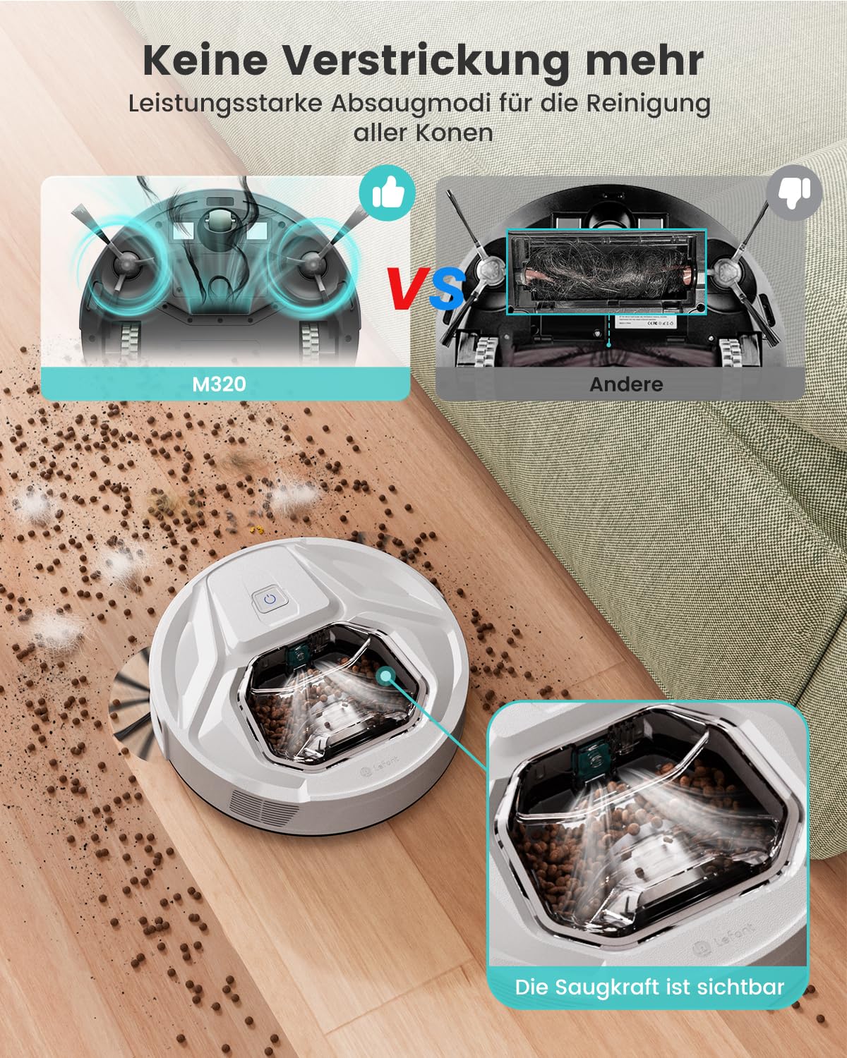 Lefant Robot aspirapolvere M320, 6000Pa, aspirapolvere robot con navigazione di precisione, contenitore per polvere da 800 ml, 210 minuti, Wi-Fi/app, ideale per peli di animali, tappeti