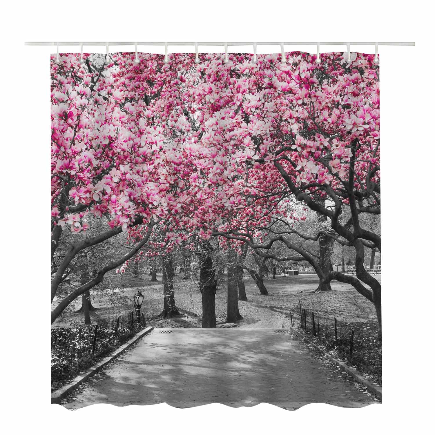 Woutay Shower Curtain Mould Proof Resistant Pink Blossoms,Water Repellant Fabric,Polyester,with 12 Plastic Hooks - Image 2