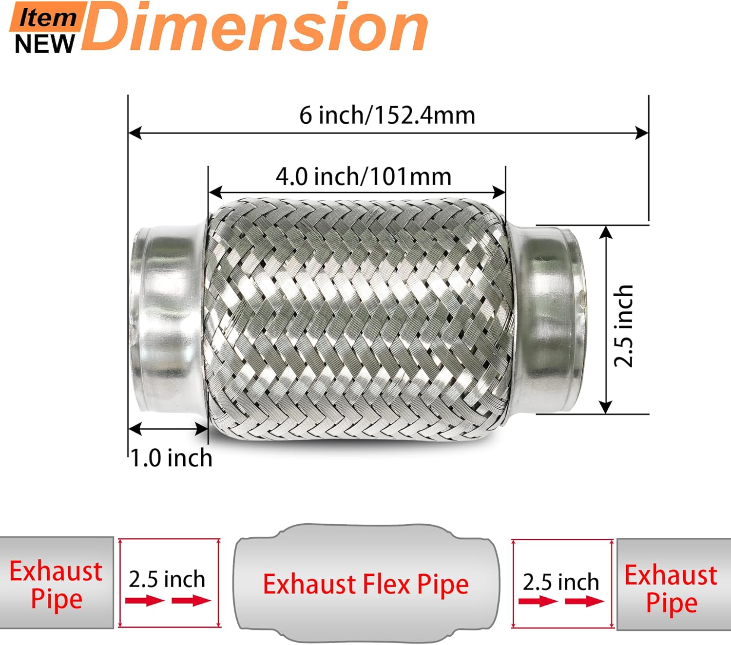 2.5 inch Exhaust Flex Pipe, 2.5" x 3.3"w, Stainless Steel Heavy Duty Double Braid Exhaust Flex Tube, 6" Overall Length, 2 Pack