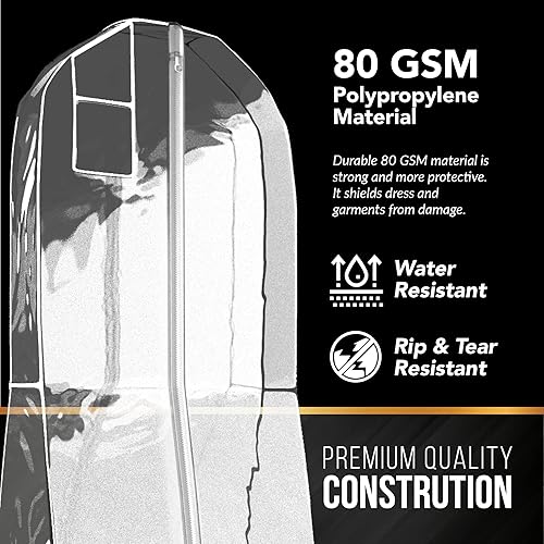 Miniatura 6 de Bolsa de ropa para vestido y vestido para mujer, 72 x 24 pulgadas y refuerzo cónico de 10 pulgadas, tus bolsos, Claro, Bolsas de ropa