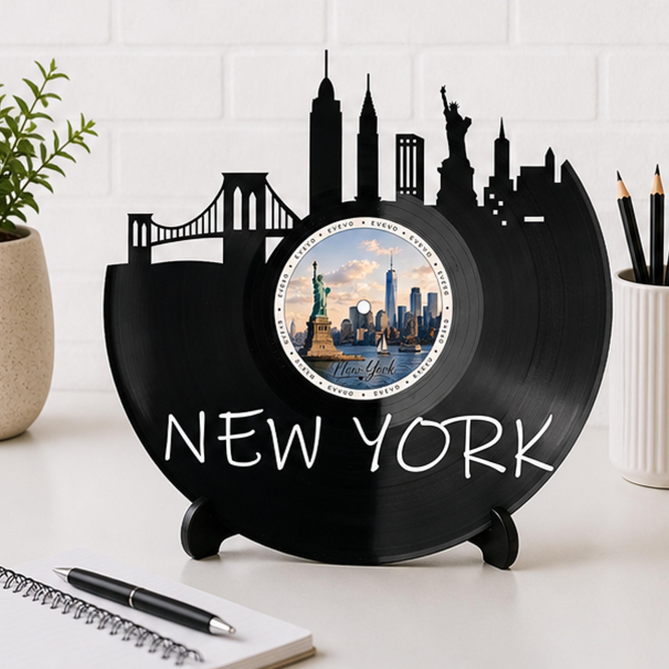 EVEVO D0031 - Decorazione da parete a forma di disco di New York, in vinile, motivo: skyline degli Stati Uniti, idea regalo per gli amanti di New York