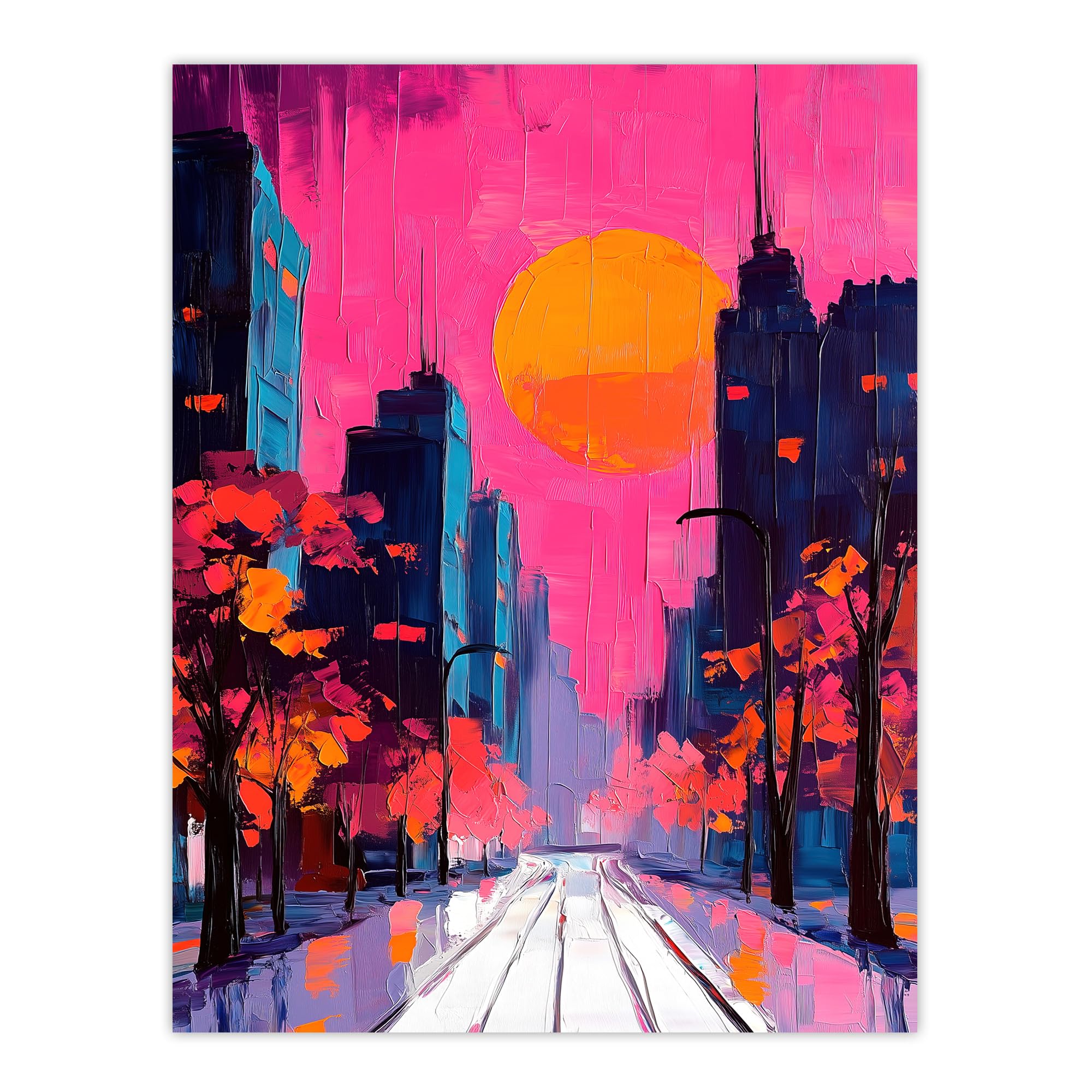 Artery8 City Street Autumn Pink Sunset Sky Cityscape Wall Art Print - W24 inch x H32 inch