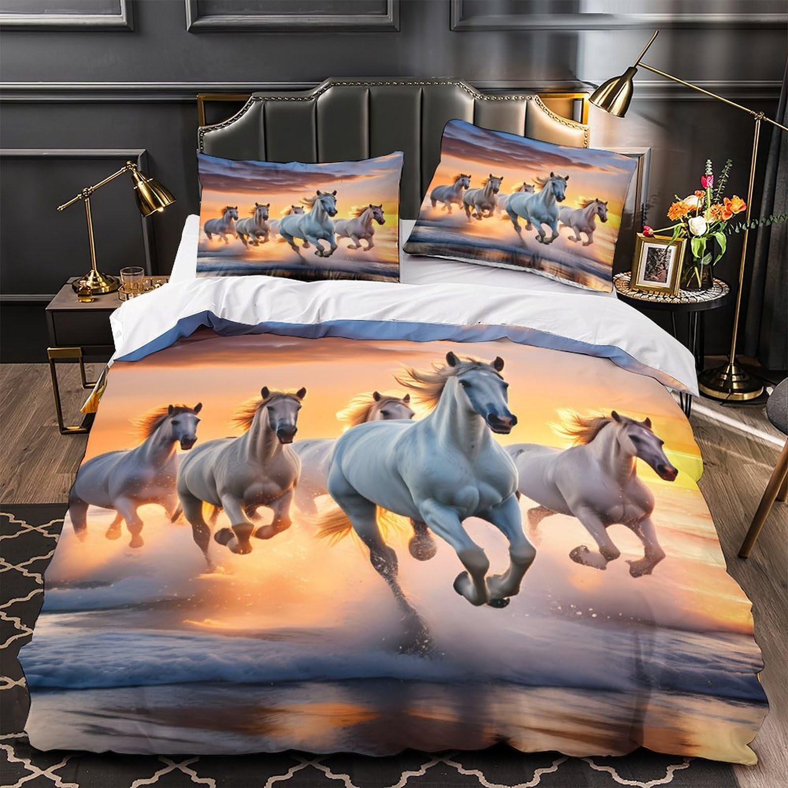 Housse de couette chevaux blanche antiallergique lit enfant 135x200 cm
