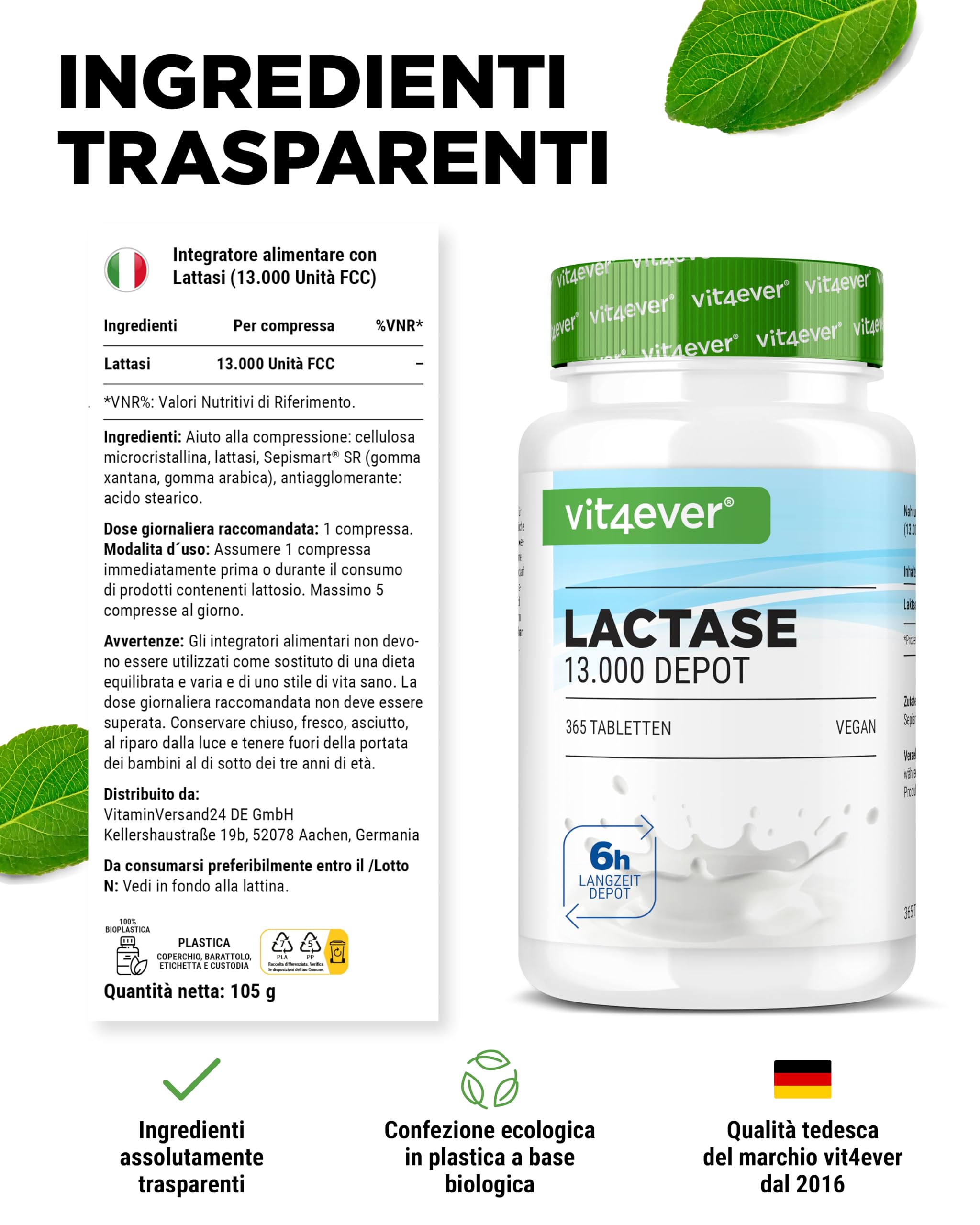 Laktase 13.000 Depot – 365 compresse con effetto depot (Sepismart® Slow Release) – dose elevata di 13.000 unità FCC – In caso di intolleranza al lattosio + intolleranza al latte – Senza additivi