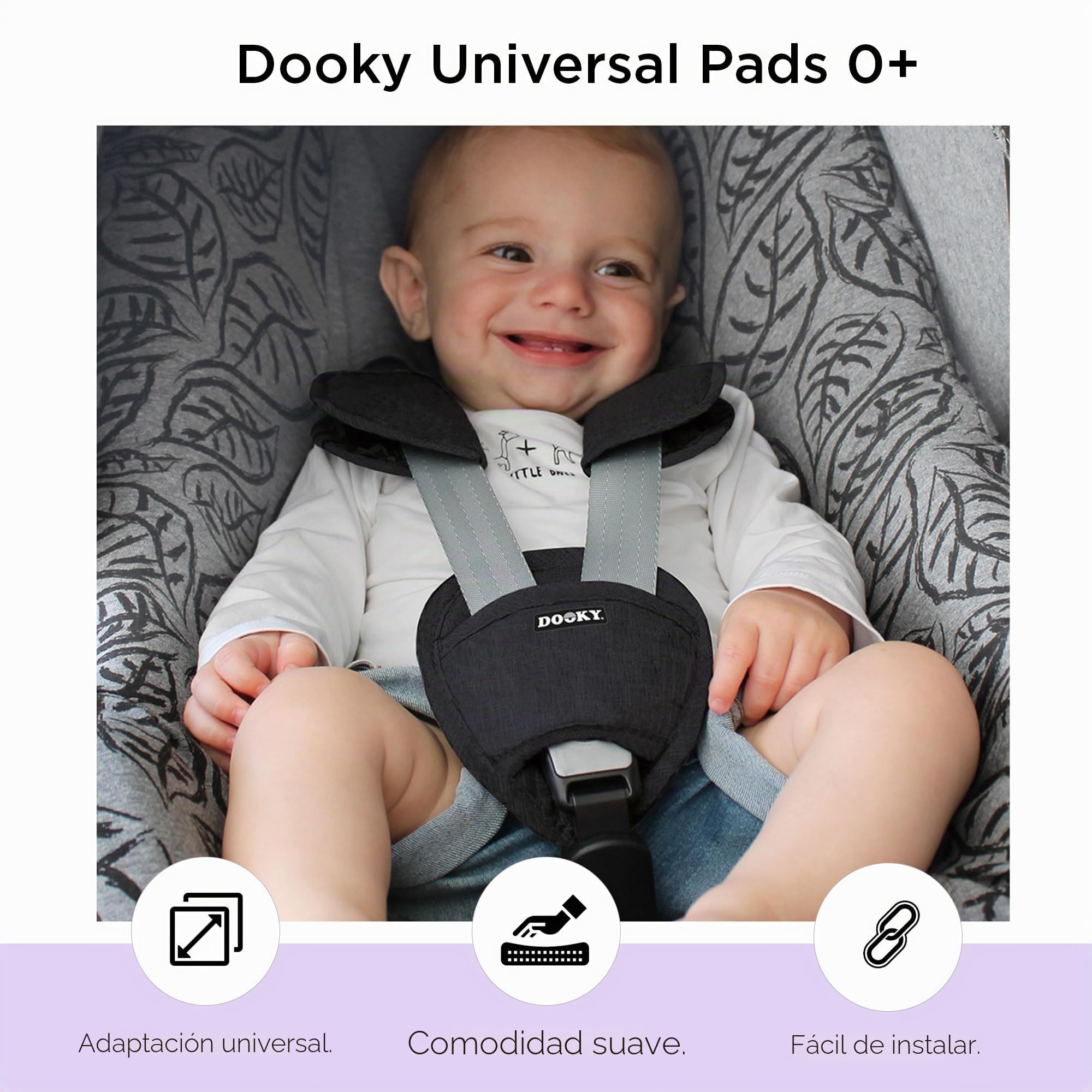 Dooky Universal Pads Black Uni Cubre cinturón y cojines de cinturón para el portabebés y asiento de coche (para cinturones de 3 y 5 puntos, para la mayoría de las marcas), Negro, 126941