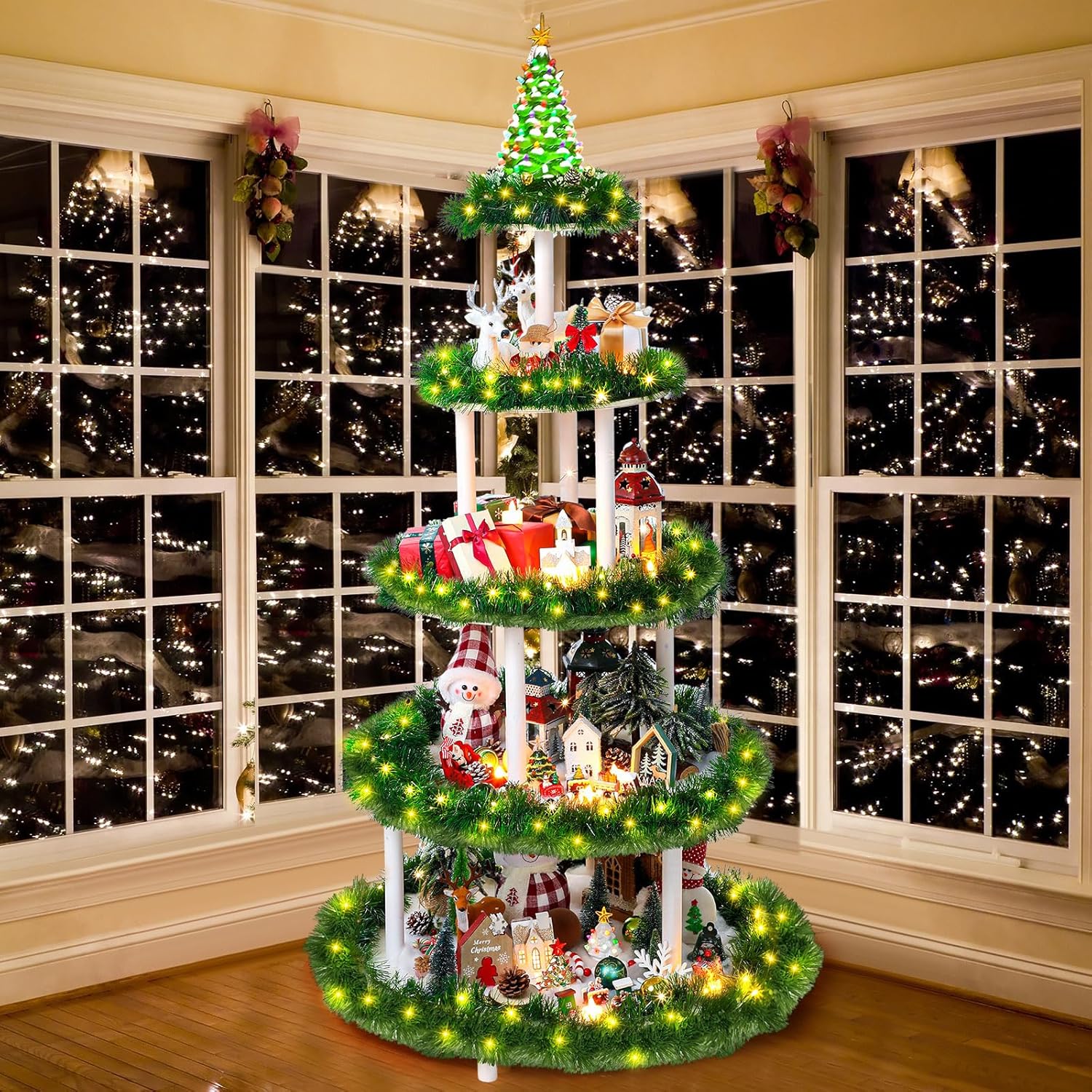 Barydat Christmas Village Display Tree Stand 5 Tier 59 Inches Christmas Display Shelves with Snow Blanket Garland Xmas Tree Wooden Holder for Holiday