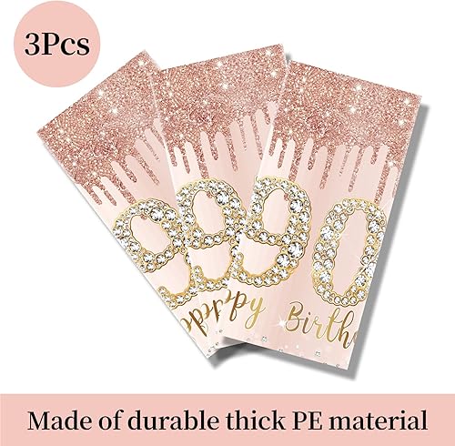 Miniatura 4 de 3 piezas de manteles de cumpleaños número 90 para mujeres, decoración de tema feliz 90 en rosa y oro, suministros de fiesta de cumpleaños de 90