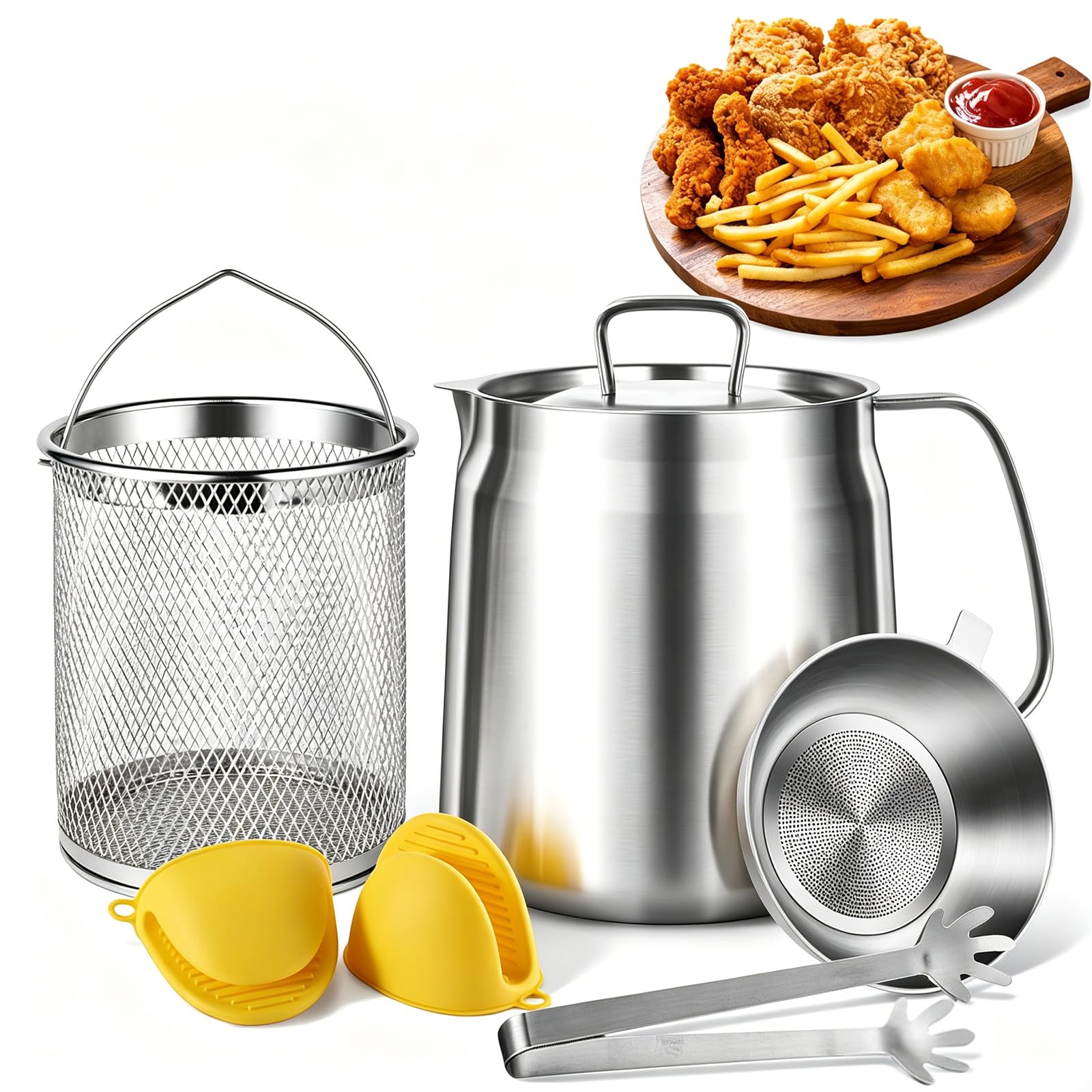 2-in-1 304 Stainless Steel Multifunctional Oil Strainer Pot, 2L Deep Fryer Pot Oil Filter Container, Large Capacity Bacon Grease Container for Frying, Cooking, Camping & Dishwasher Safe (1.5 L,1)