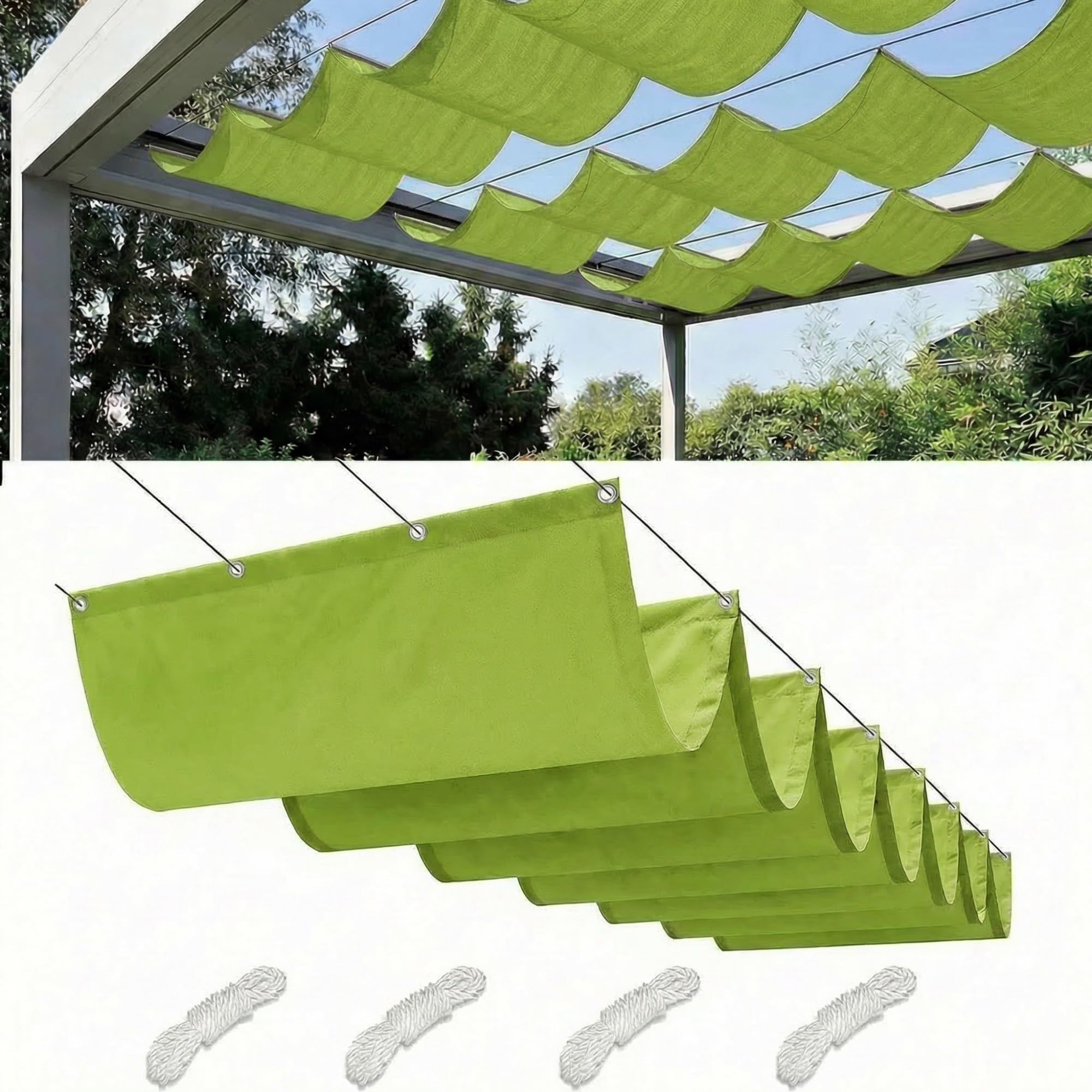 Retractable Wave Sun Shade Sail Waterproof Pergola Cover 95% UV Protection Outdoor Awning Canopy with Ropes for Patio Garden Deck Porch BBQ Shelter Privacy Screen Summer(Grass Green,5x3M(L x W)) — image 1