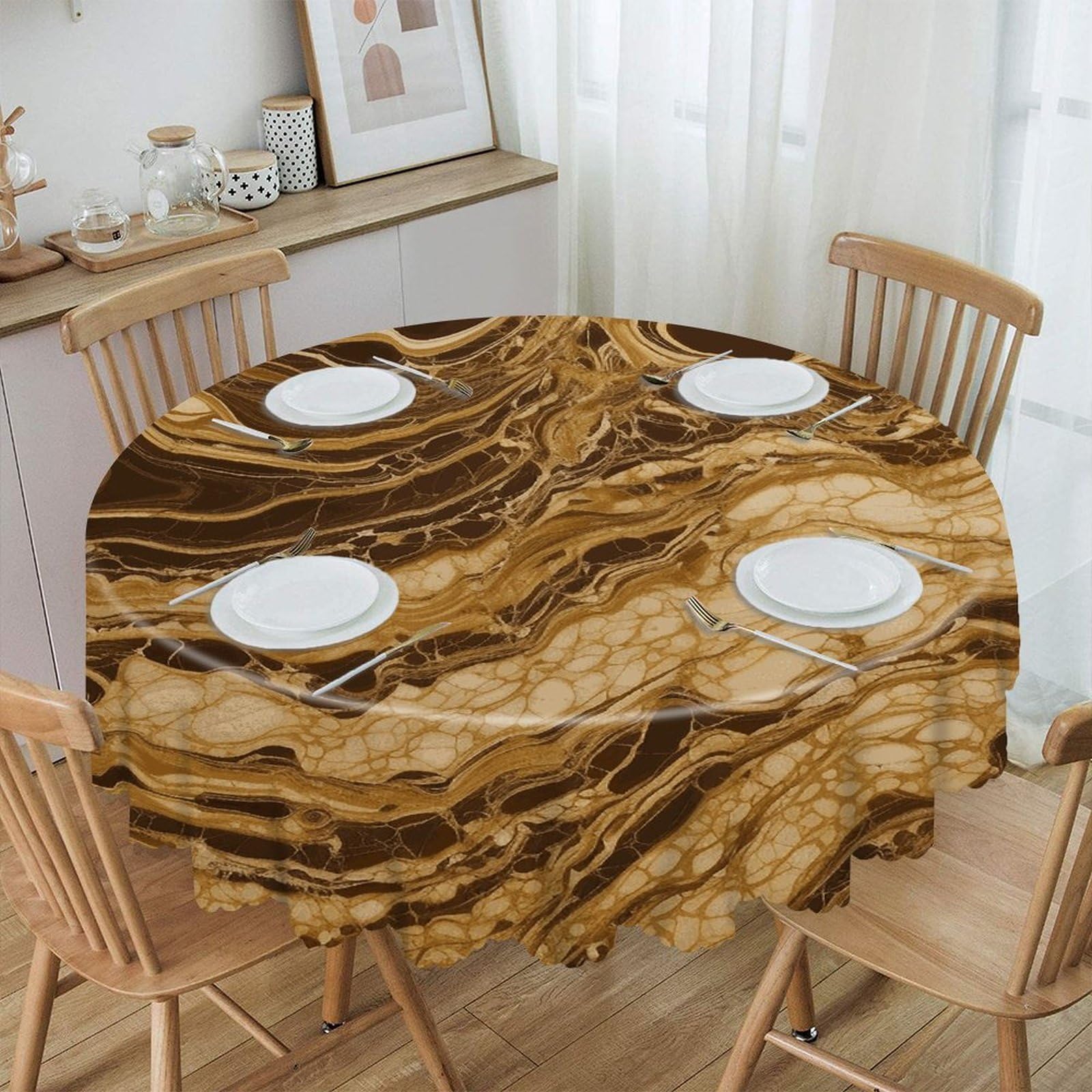 LZQPOEAS Golden Marble Round Tablecloth Rustic Circle Table Cloth Wrinkle Resistant Decor Tablecloth Waterproof Washable Table Cover for Kitchen Party Dining Table 60 Inch