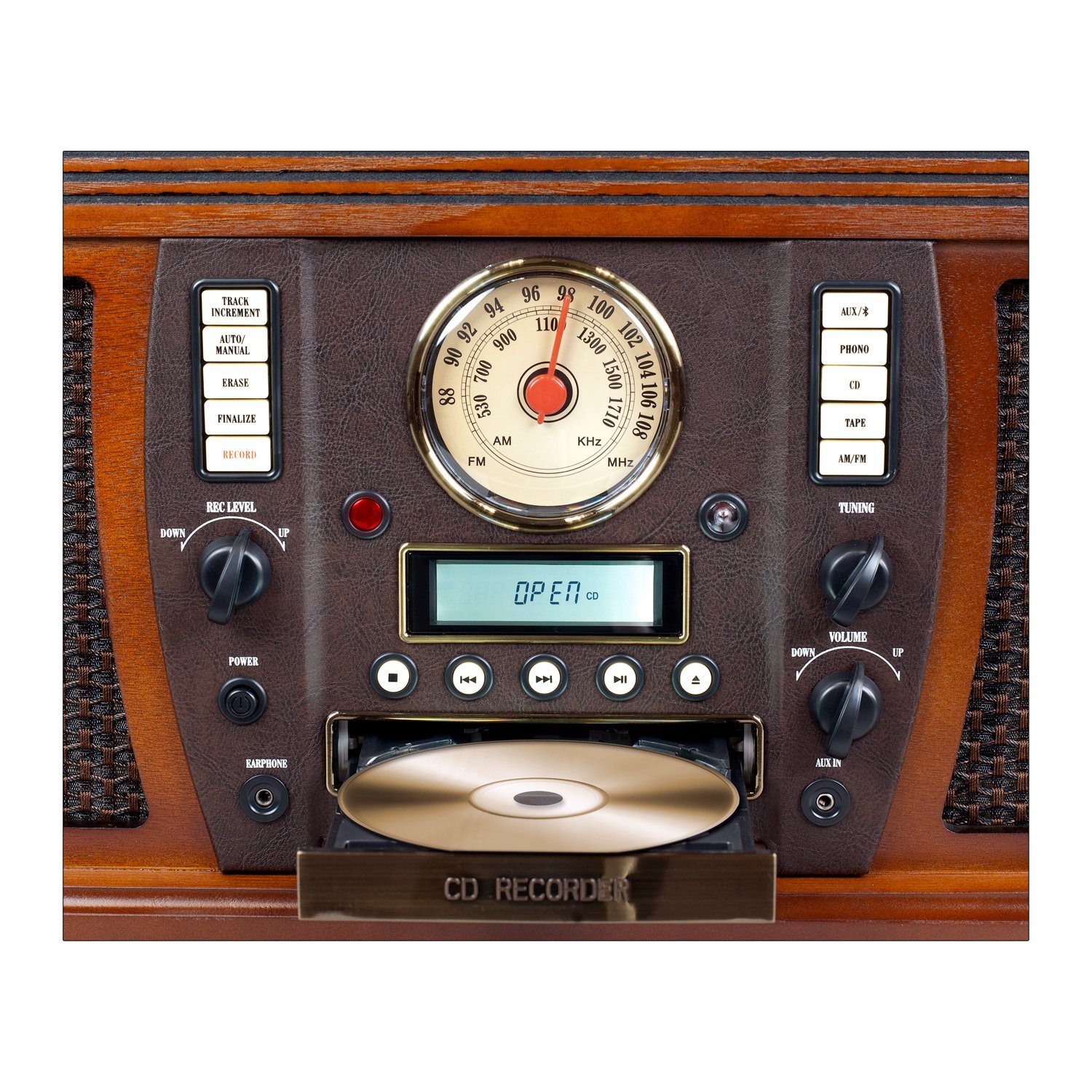 Victrola Nostalgic Aviator Wood 8-in-1, Giradischi Bluetooth Con CD, Cassette, Radio, USB, Mogano - 6