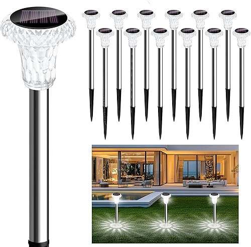 Paquete de 12 luces solares para camino, luces solares de jardín al aire libre, impermeables, con estacas, luces LED para pasarela, iluminación de