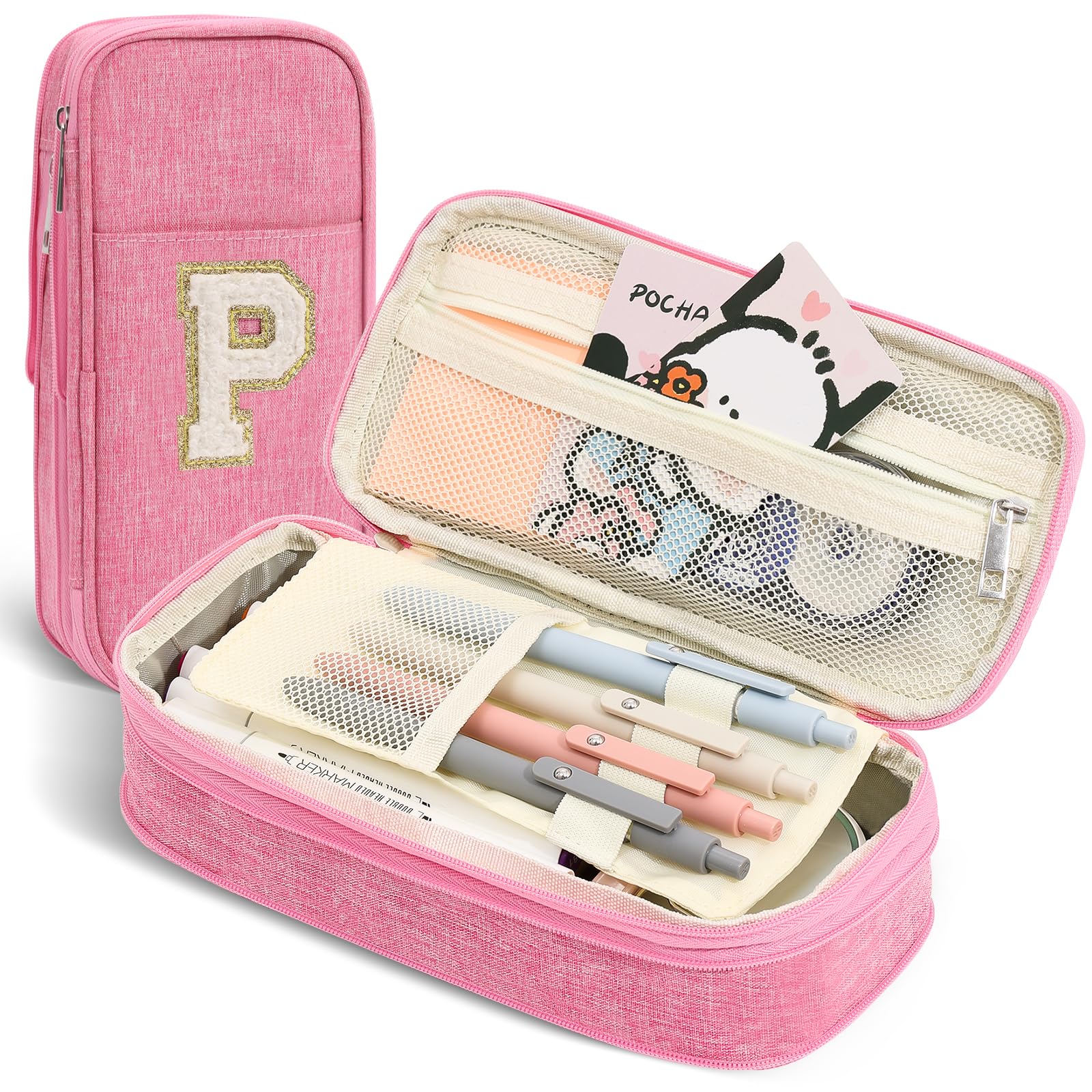 Pencil Bag, Pencil Case for Girls Women, Preppy Pencil Case, Large Initial Pencil Pouch with Zipper, Back to School Supplies, Aesthetic Pen Case Box for Kids Teen Girls - P(Pink)