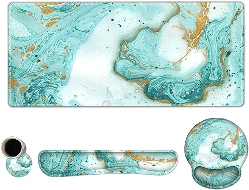 ARTSO Juego de alfombrillas de mouse grandes, soporte ergonómico para la muñeca del teclado, almohadilla de escritorio de gel de espuma Mármol