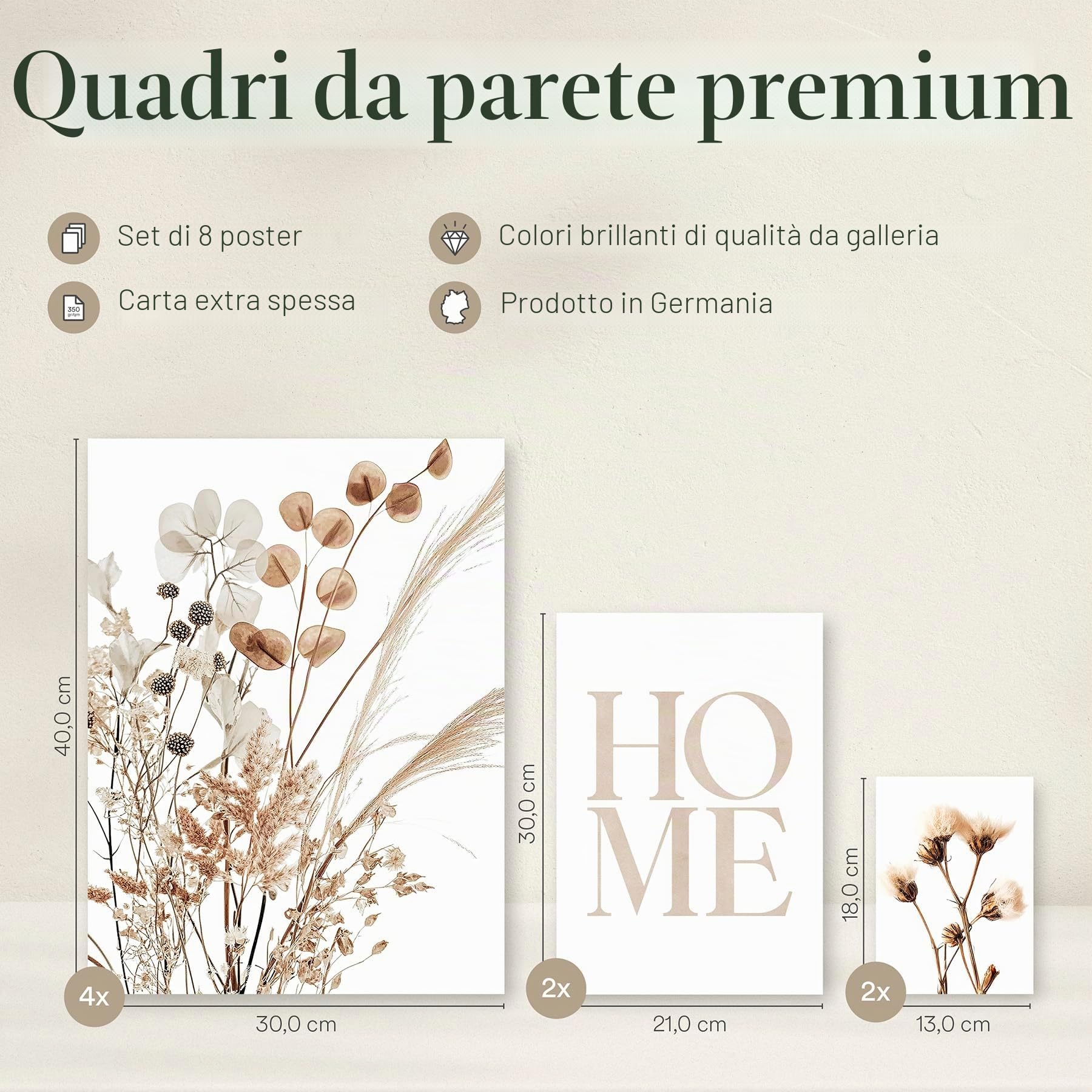 ARTFAVES® Set di poster con fiori secchi, decorazione da parete in più pezzi per soggiorno e camera da letto, 8 quadri moderni da parete beige, fiori secchi, fiori, boho, beige-marrone, senza cornice