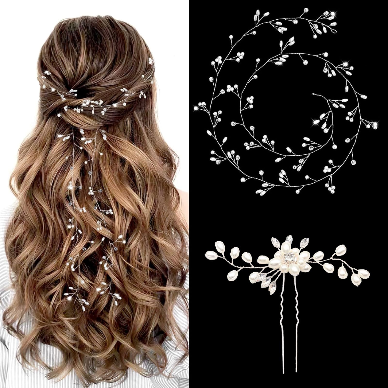 Eowppue Women's White 2 Pieces Bridal Headband & Hair Vine, Silver Floral Wedding Hair Accessories For Attending Special Occasions