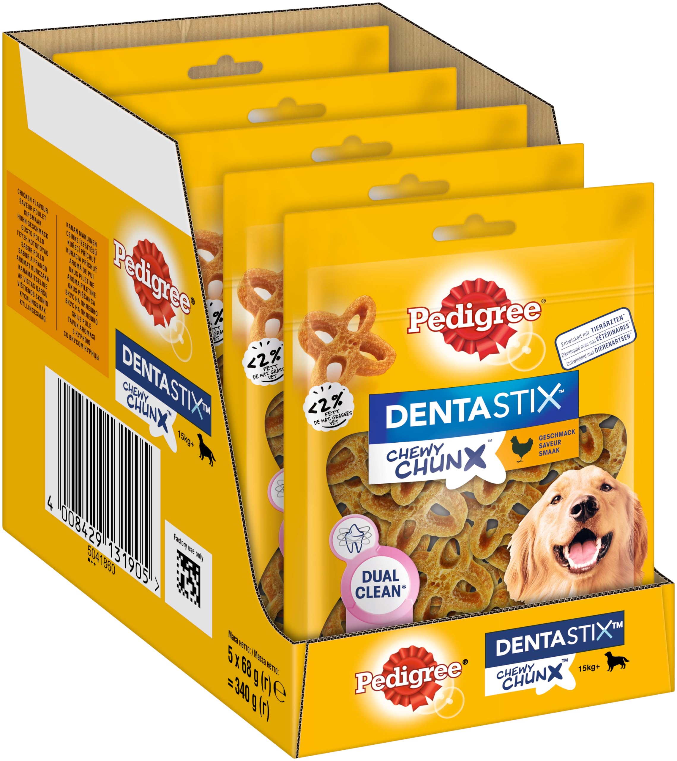 Pedigree® Dentastix Chewy Chunx Zahnpflegesnacks für große Hunde über 15kg, mit Huhn, 5x68g