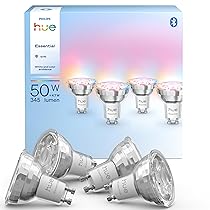 Philips Hue Essential Smart LED GU10 (Confezione da 4), Lampadina smart con luce bianca e colorata, Lampadina intelligente 4.7 W, Luce smart compatibile con Alexa, Google Assistant e Apple Home