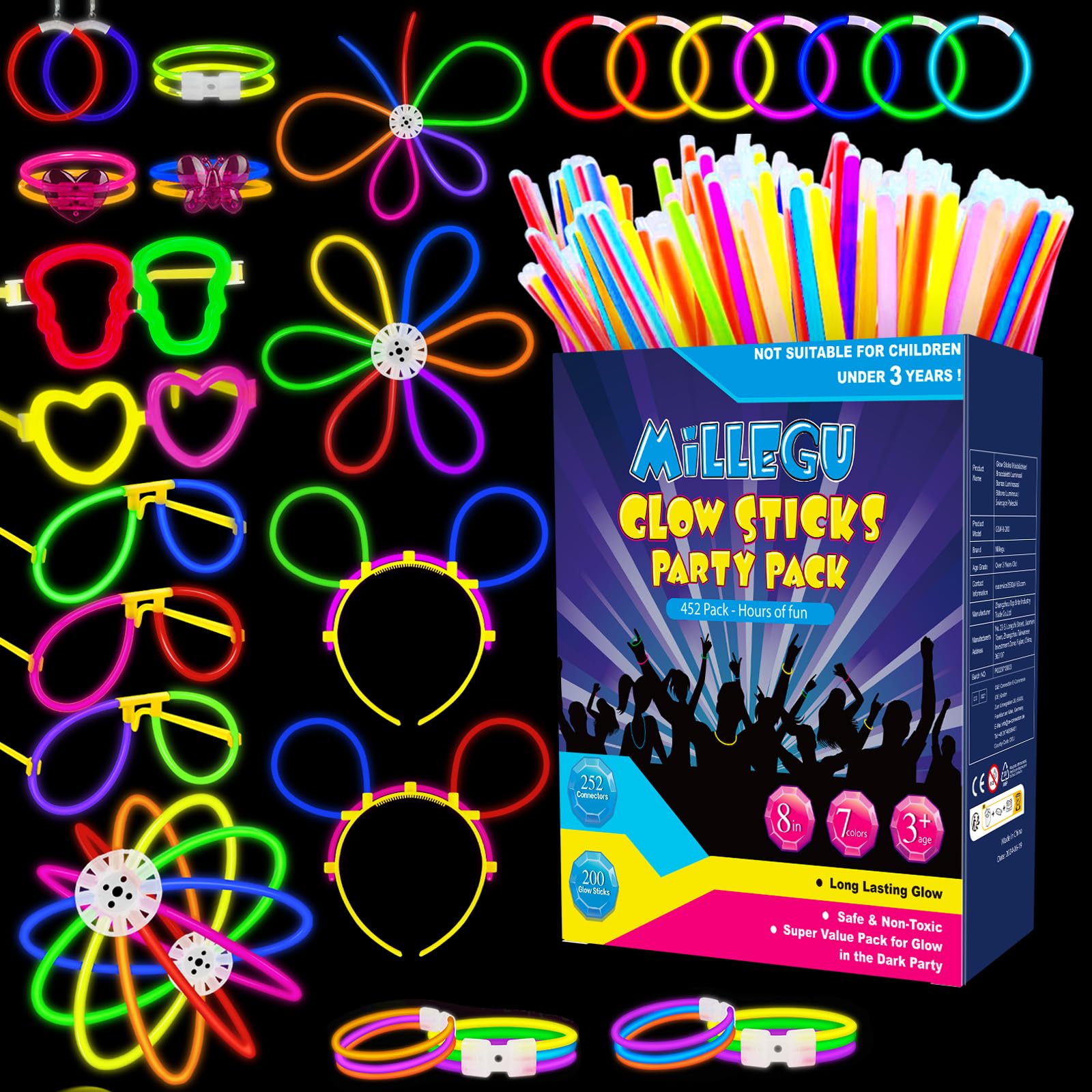 Millegu Knicklichter Party Set,200 Stück Leuchtstäbe 252 Verbinder,Neon Knicklichter Ketten und Leuchtbrillen für Kinder, Deko für Festival Hochzeiten Weihnacht Party Silvester Deko 2026