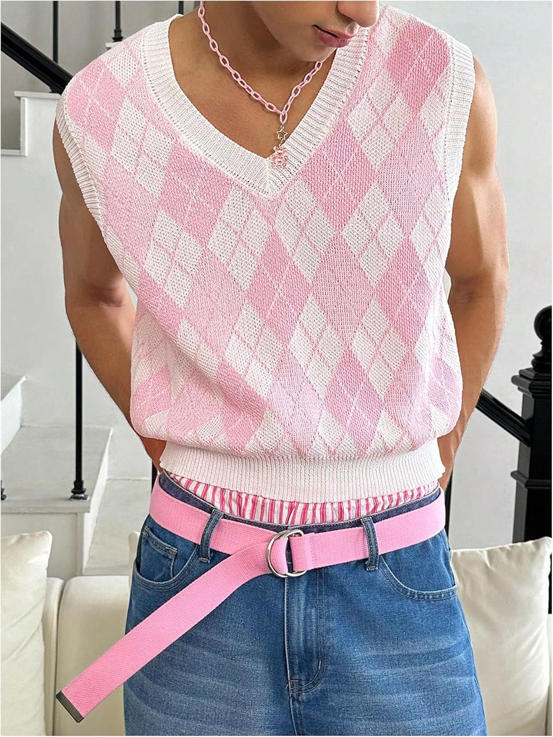 Men's Plaid Geometric Sleeveless Knitted Sweater V Neck Crochet Pullover Sweater Vest - Image 3