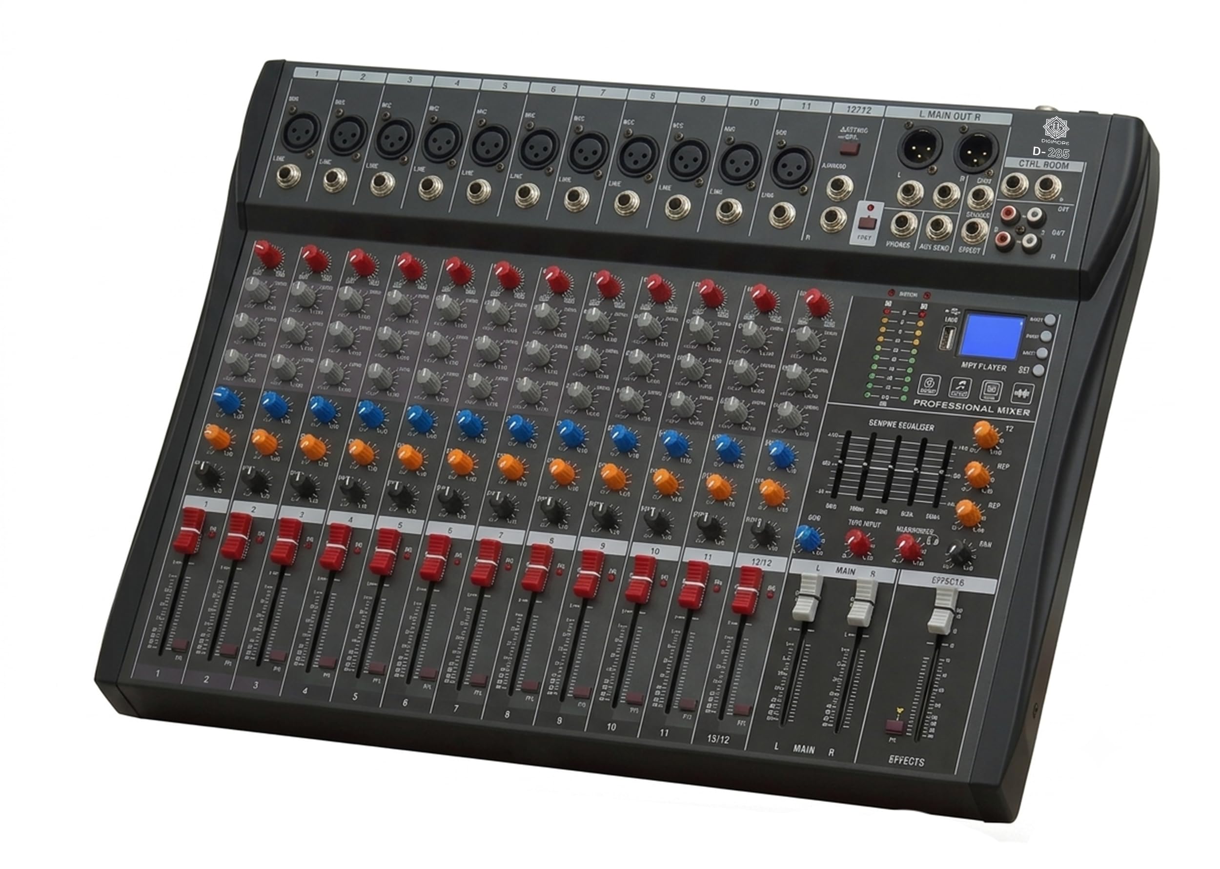 DIGIMORE Professional 12 Channel Mixer | 8 XLR + 6.35MM Input Ports | USB MP3 & BT Support | 48V Phantom Power | Delay & Repeat FX | Stereo Output | Control Room, Headphone, Aux, EFF Outs (D-285) discount deal