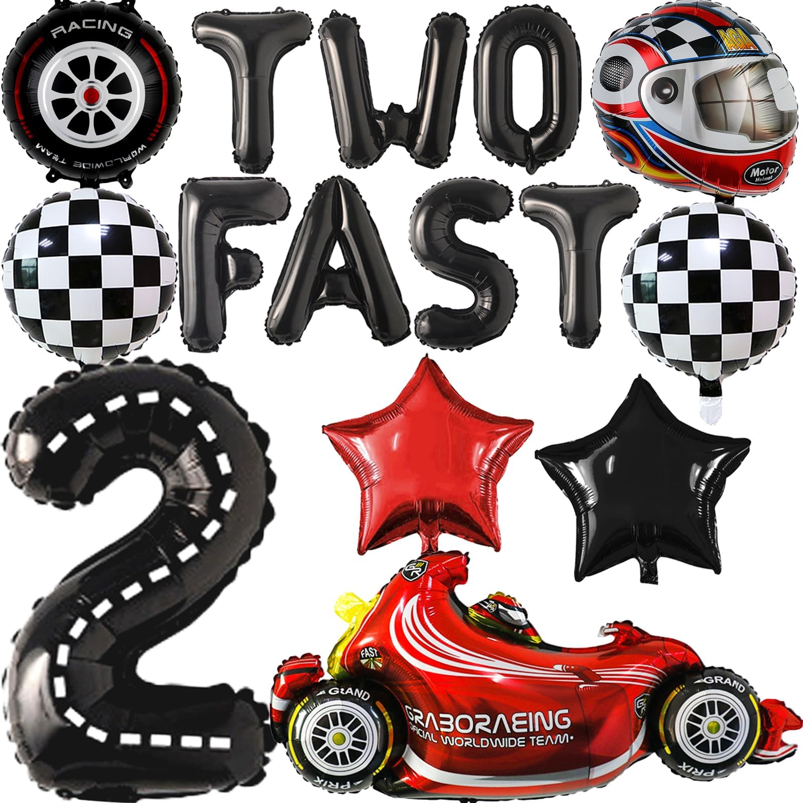 TERRIFI 14pc 40in Number 2 Car Balloons Set for Boys' 2nd Birthday, Red, White, Black, Yellow, Black