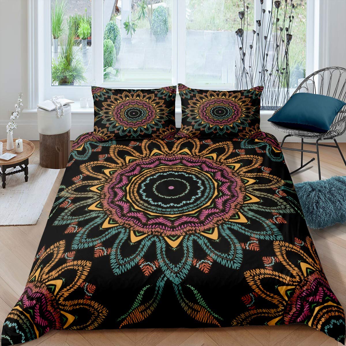 Castle FairyRetro Bloom Mandala Duvet Cover Set Full Flower Floret Exotic Softest Bedspread Cover for Children Adult Luxury Soft Bedding Set Comforter Cover 3 Piece Bedding Set with 2 Pillow Shams
