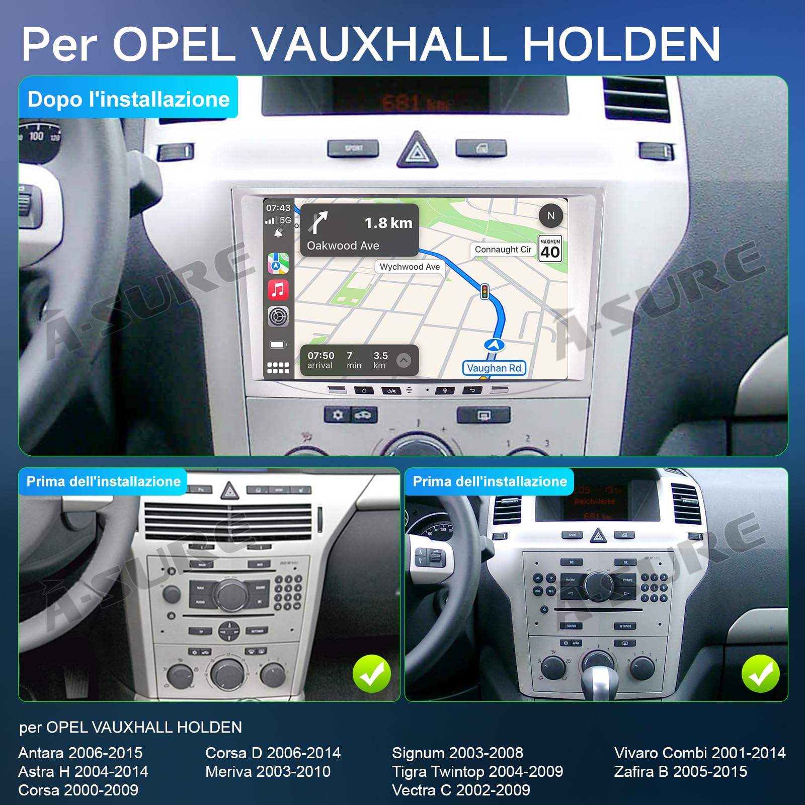 ACAVICA Autoradio Android 14 per Opel Corsa D - 8" Touchscreen HD, Wireless CarPlay e Android Auto, GPS Bluetooth, Split Screen, 2+32GB - Compatibile con Antara, Astra H, Meriva